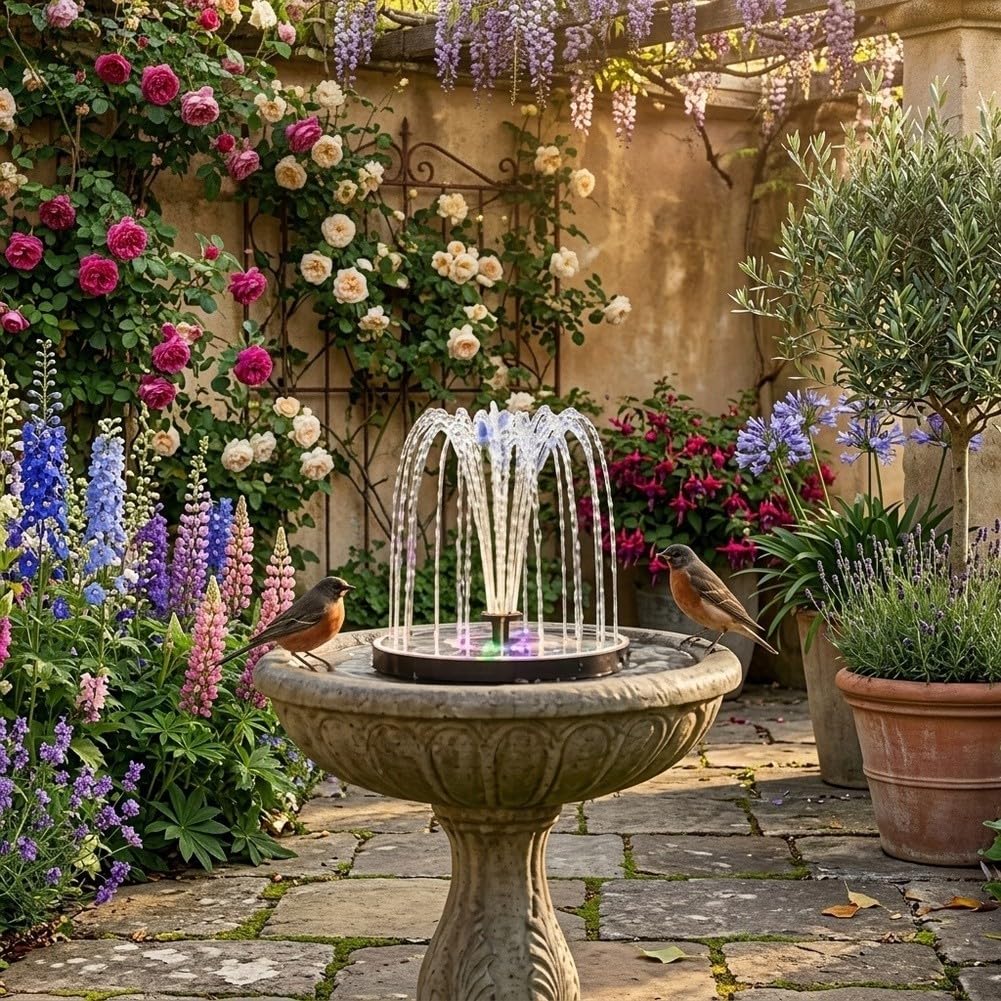 Fontana ad acqua solare con luci LED, 3 W, fontana per uccelli a energia solare con 8 luci RGB che cambiano colore, fontana da giardino da 16 cm con 3 ugelli per laghetto e patio (ugello nero)
