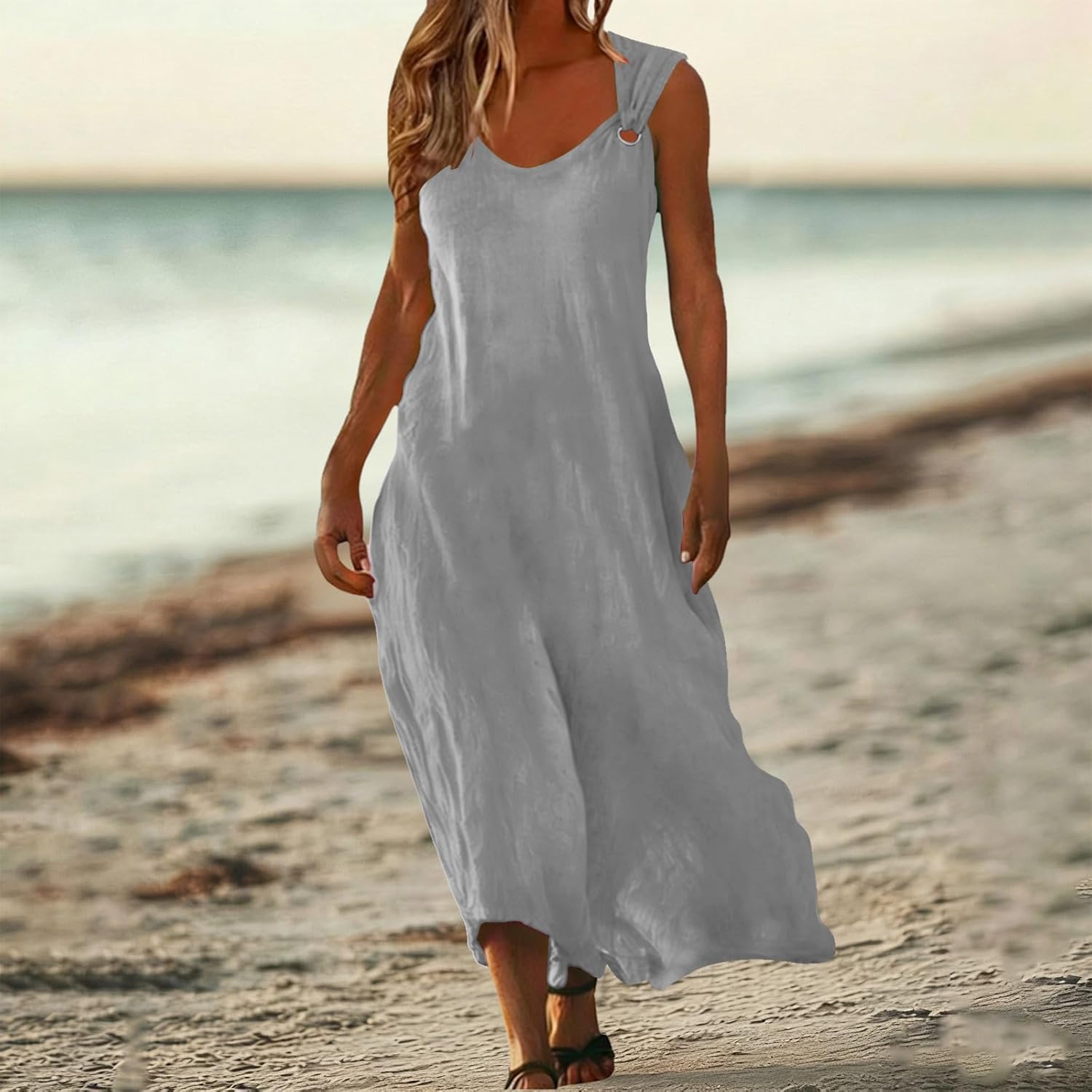 Summer Dresses for Women 2026 Linen Sleeveless Long Beach Sundress Square Neck Tank Maxi Dress Casual Flowy Sundress - Image 3