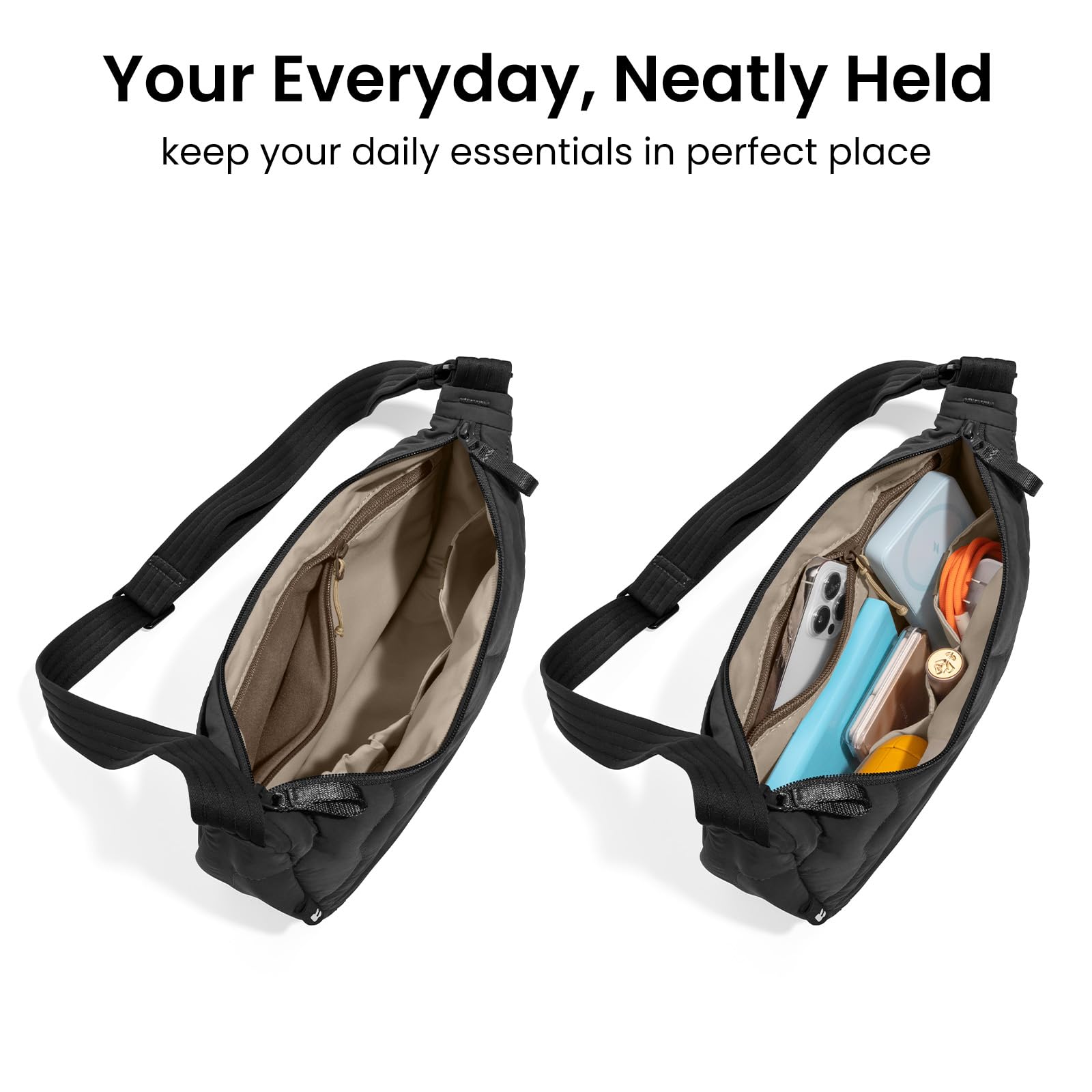tomtoc 3,5-9L torba crossbody Sling Bag puffer kobiet, nylonowa moon ruffle | Modna torba z wygodnym paskiem na ramię, wewnetrzne przegrodki na telefon i codzienne akcesoria