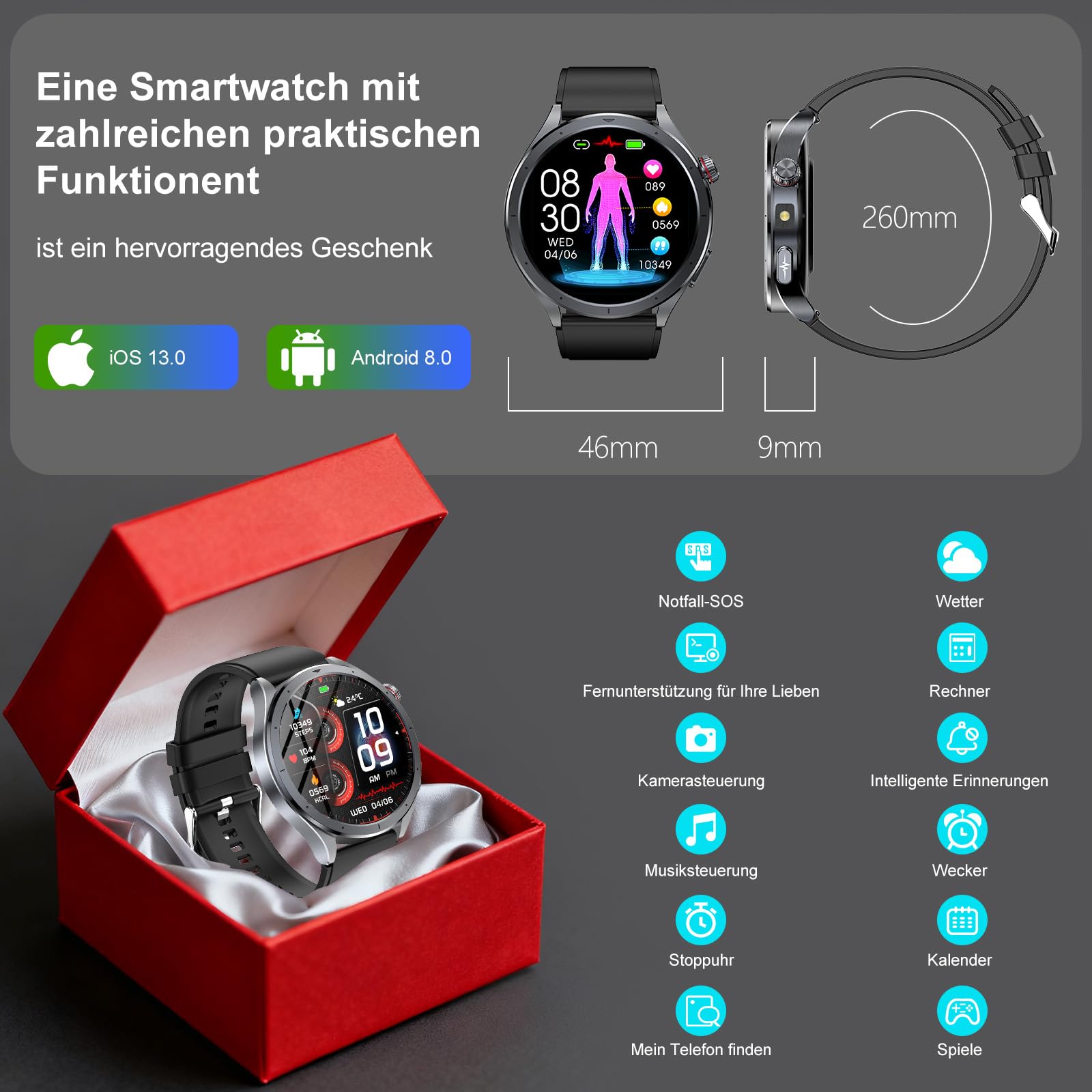 Neu Smartwatch Herren mit AI-GPT, EKG+HRV, 1.53" Runddisplay Gesundheitsuhr | 24H Blutdruck/SpO2/Körpertemperatur/Schlafmonitor, SOS-Telefon, BMI, Harnsäure, LED-Licht, Fitnessuhr für iOS/Android Schwarz