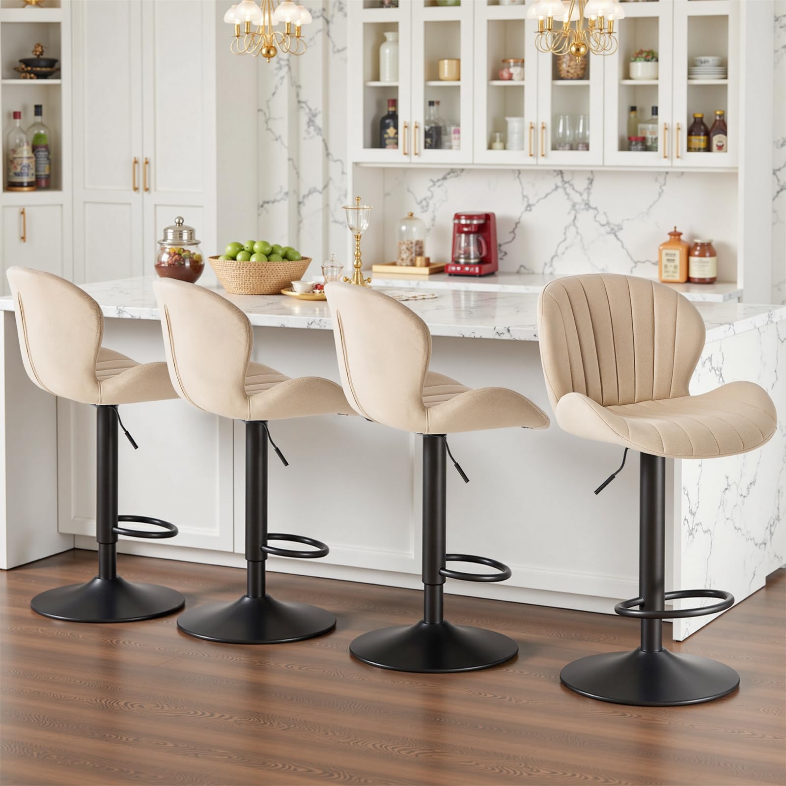 Sweetcrispy Bar Stools Set of 4, Modern Swivel Bar Chairs, Adjustable Fabric Upholstered Barstools Counter Height with Backrest for Bar, Kitchen