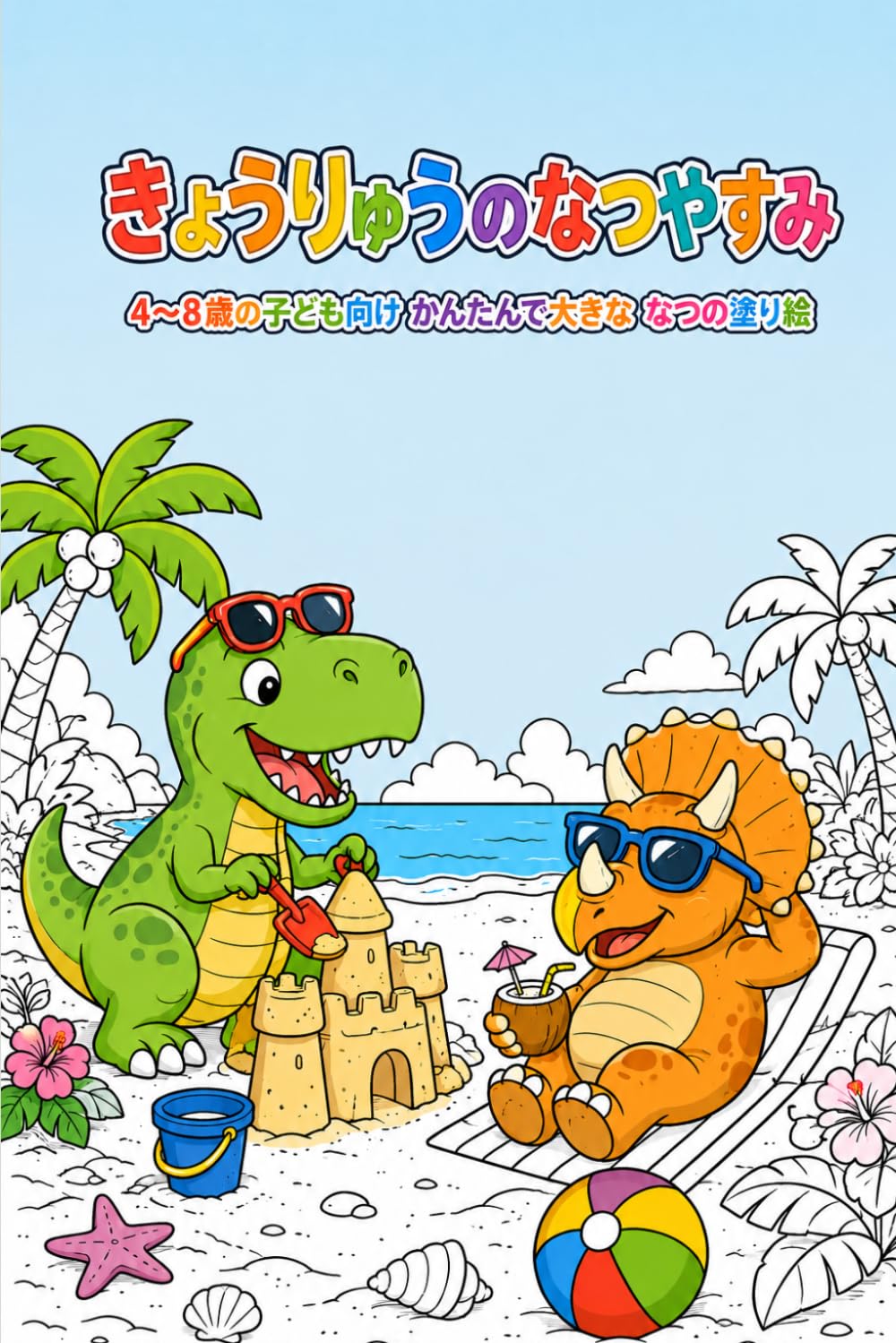 きょうりゅうのなつやすみ: 4〜8歳の子ども向け かんたんで大きな なつの塗り絵