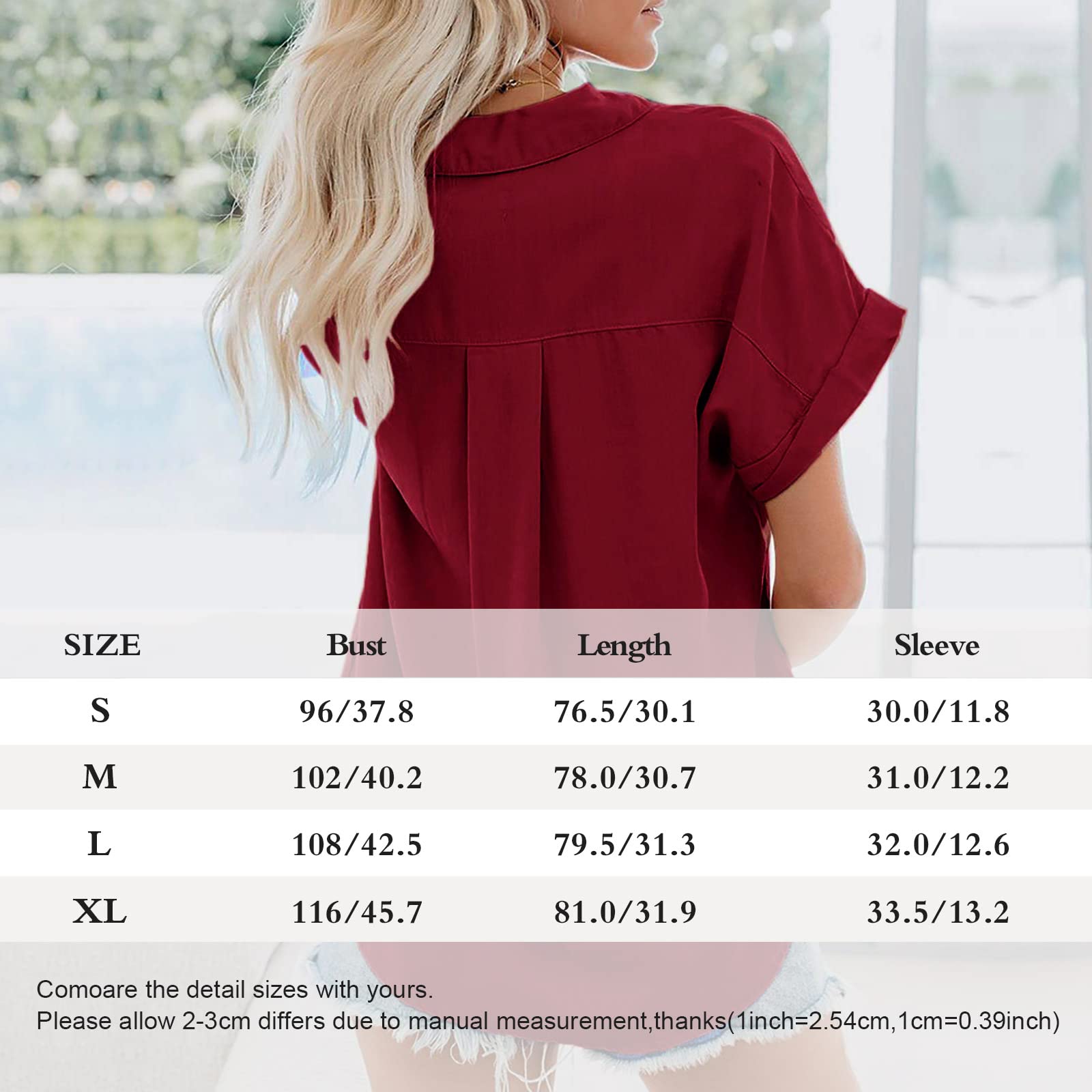 Xnova Chemisier Femme Manches Courtes Col V Chemise T-Shirt Été Couleur Unie Élégant en Mousseline Boutons avec Poche Casual Chic Short-Sleeve Blouse Tops