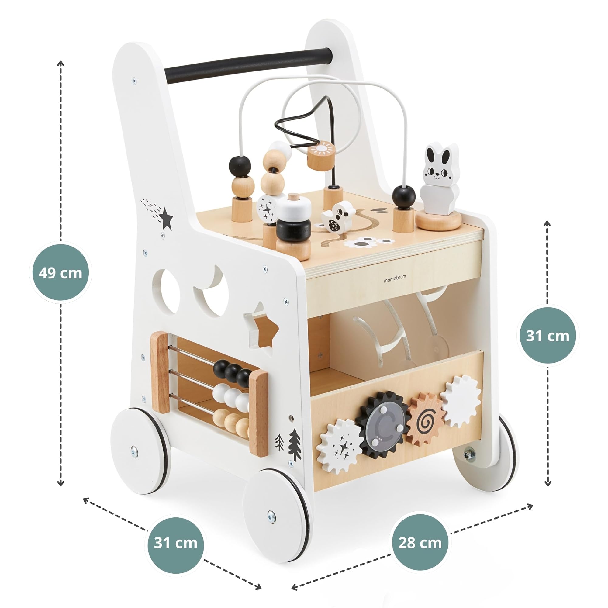 Mamabrum Caminadora y Andador Bebé 6 en 1 - Mesa Educativa de Madera con Ábaco, Engranajes y Juegos - Centro de Actividades para Primeros Pasos - 31 x 28 x 49 cm