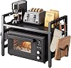 UBRAVOO Adjustable Microwave Oven Rack with Hooks, 100 kg Capacity, Space-Saving Kitchen Shelf with Storage Organizer Deep Black