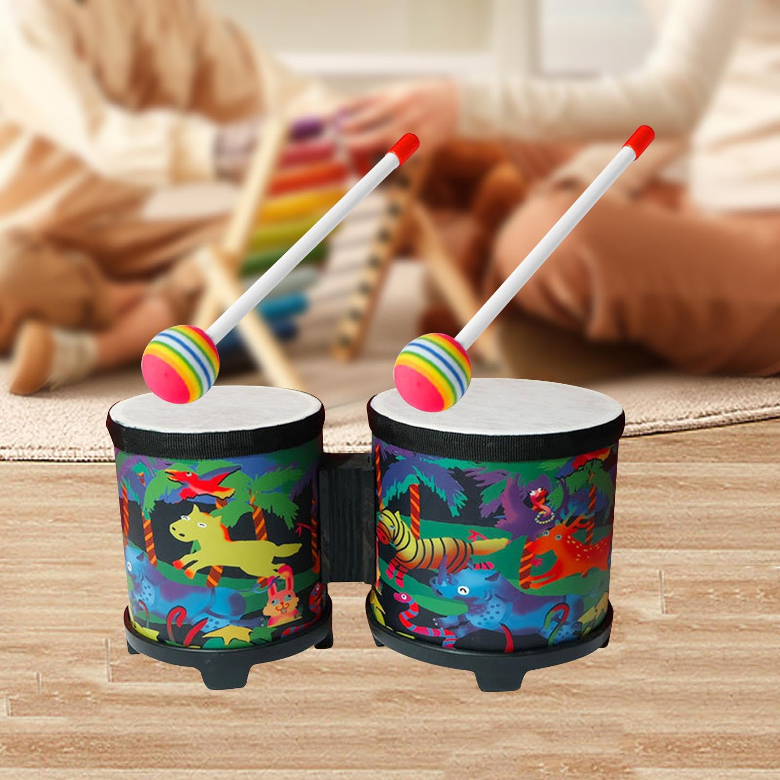 Perfeclan Üben Sie Bongos-Musik-Erleuchtungs-Trommel-Schlaginstrument-pädagogisches Spielzeug 5'' und 6'' Bongo-Trommel-Set für Profis, Tier