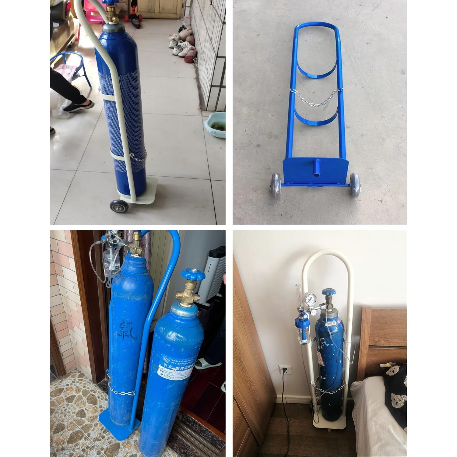 Generico Carrello Portatile per bombole di Ossigeno, Robusto Carrello in Acciaio con 2 Ruote, Ideale per ospedali, cliniche, Case di Cura e fabbriche (Blu, Altezza 110 cm)