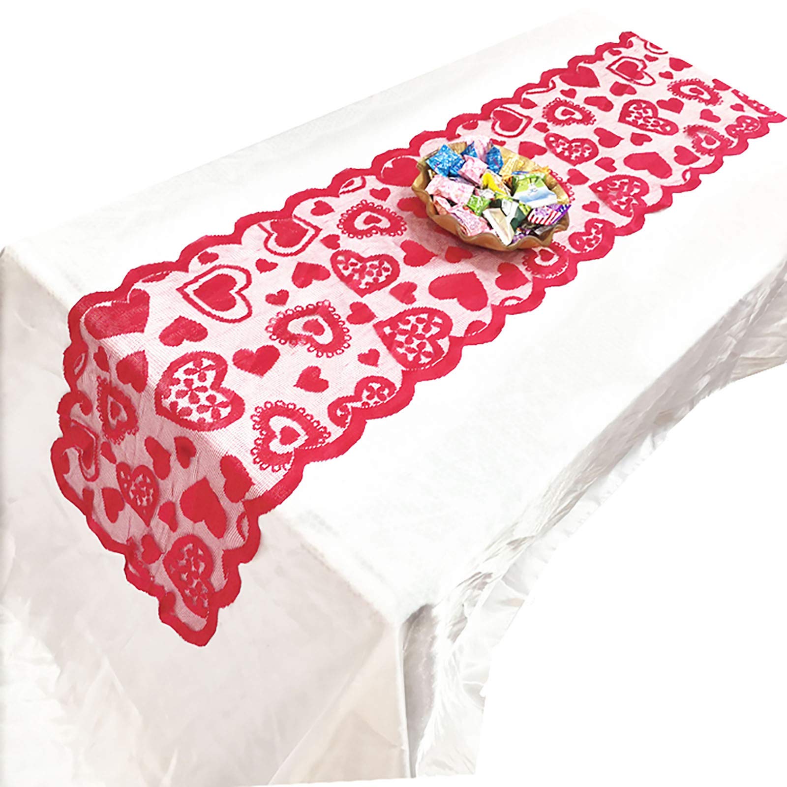 LovskooValentines Day Decor 72in Heart Table Cloth Rectangle Lace Table Runner Love Tablecloths Table Cover Party Decorations Farmhouse Decor Anniversary Romantic Gifts for Women Men Her Wife