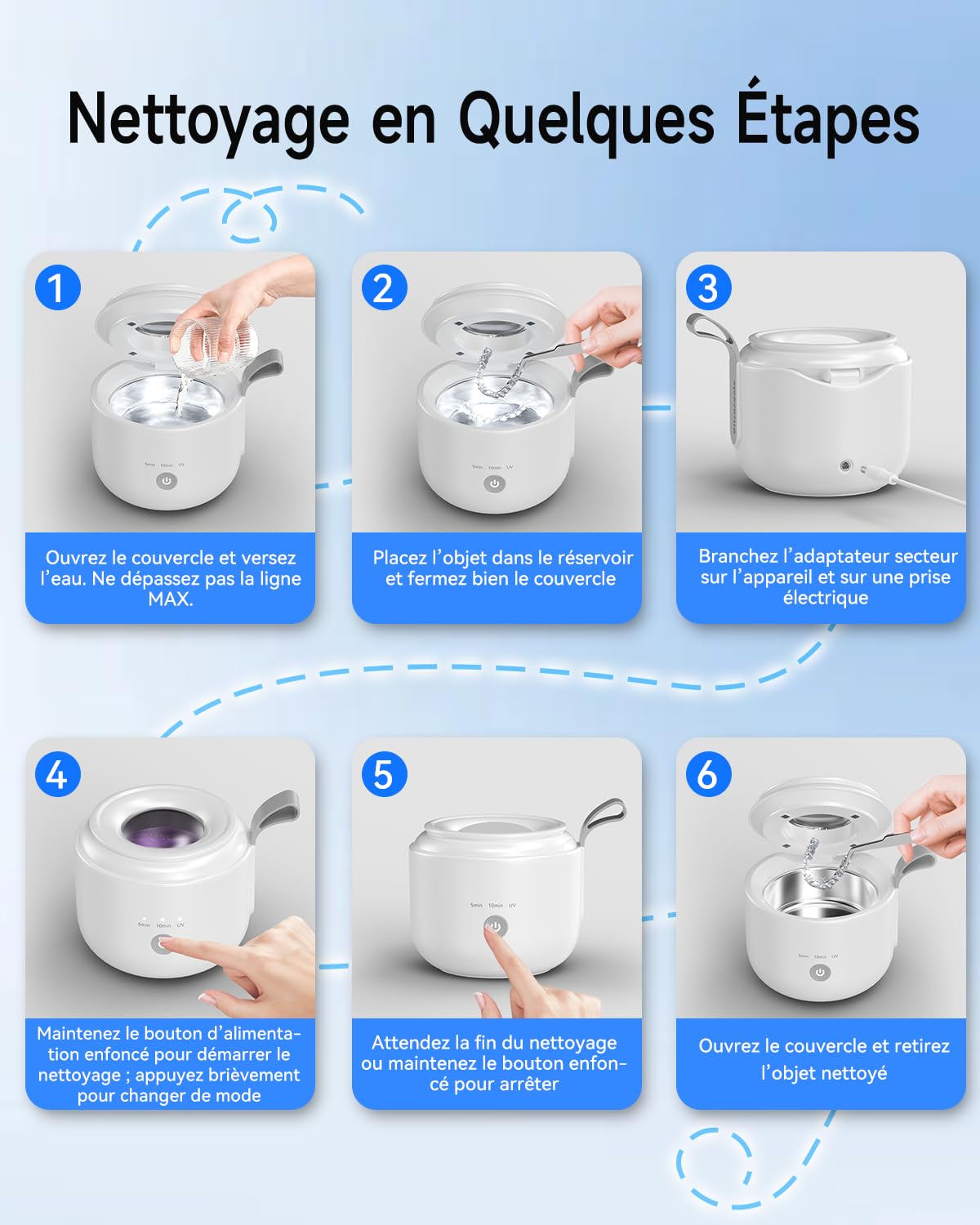 JeaTone Nettoyeur Ultrasons, 48kHz Dental Cleaning Pod, 200ML Ultrasonic Cleaner, Appareil de nettoyage à ultrasons avec 4 UV Lampe pour Prothèses Dentaires, Gouttière Dentaire, Retainer, Bijoux