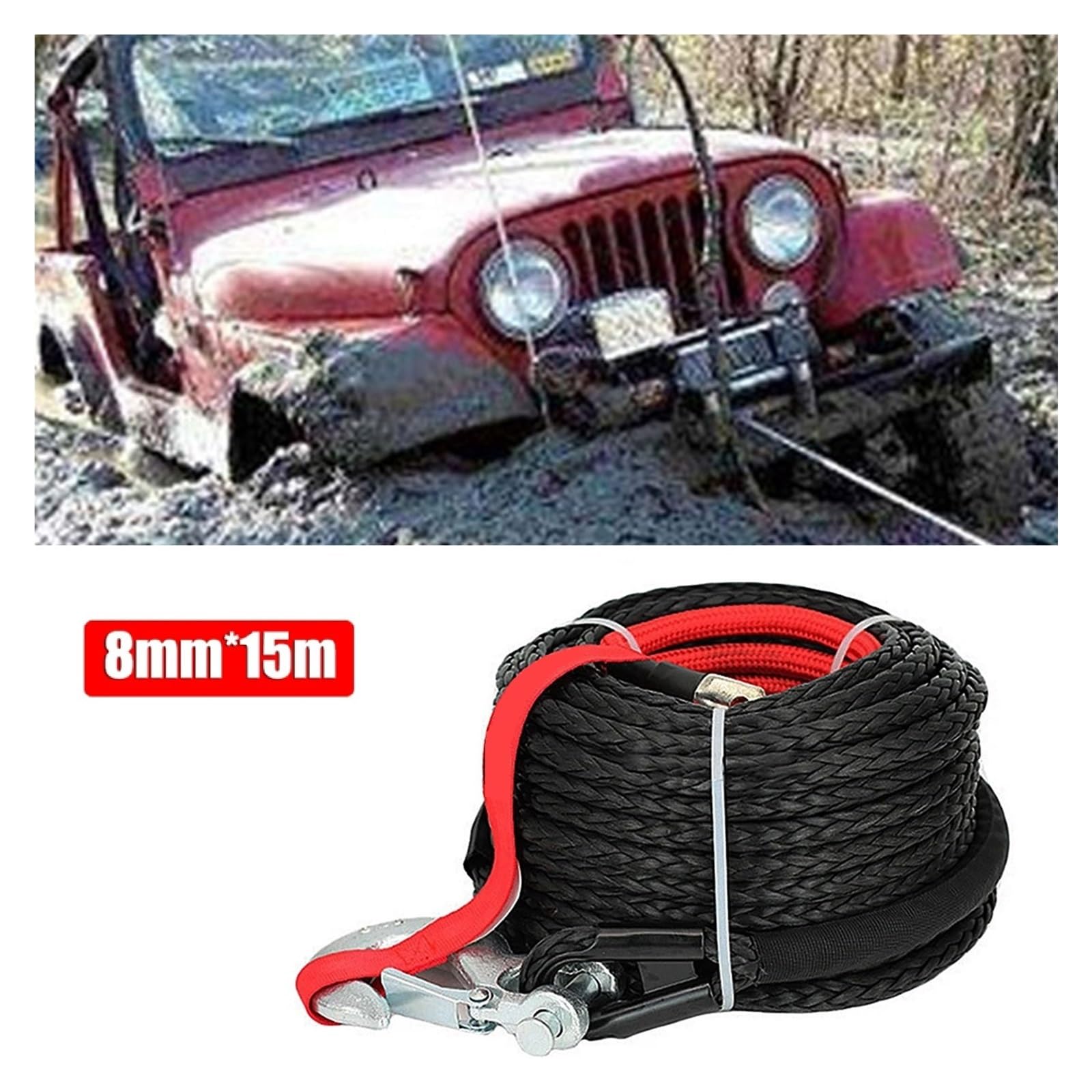 8mm * 15m Syntetyczna Lina Wciągarki Samochód Holowniczy 4x4 Akcesoria Off Road Pasek Przyczepy Siła Zrywająca Maks. 20500LBS Dla Pojazdu ATV SUV Solidna I Niezawodna