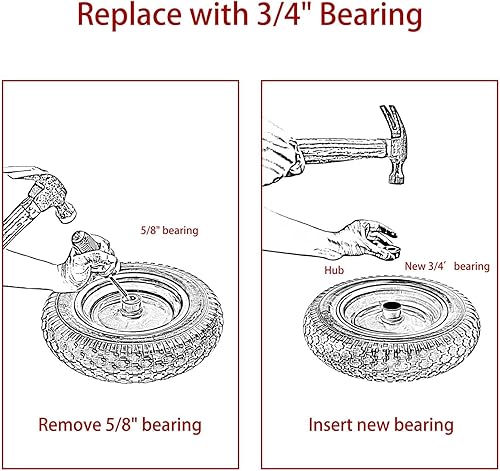 Miniatura 5 de Paquete de 2 neumáticos y ruedas 4.00-6, neumático de carretilla de 13 pulgadas con orificio de eje de 58 pulgadas y 34 pulgadas, neumático de 13