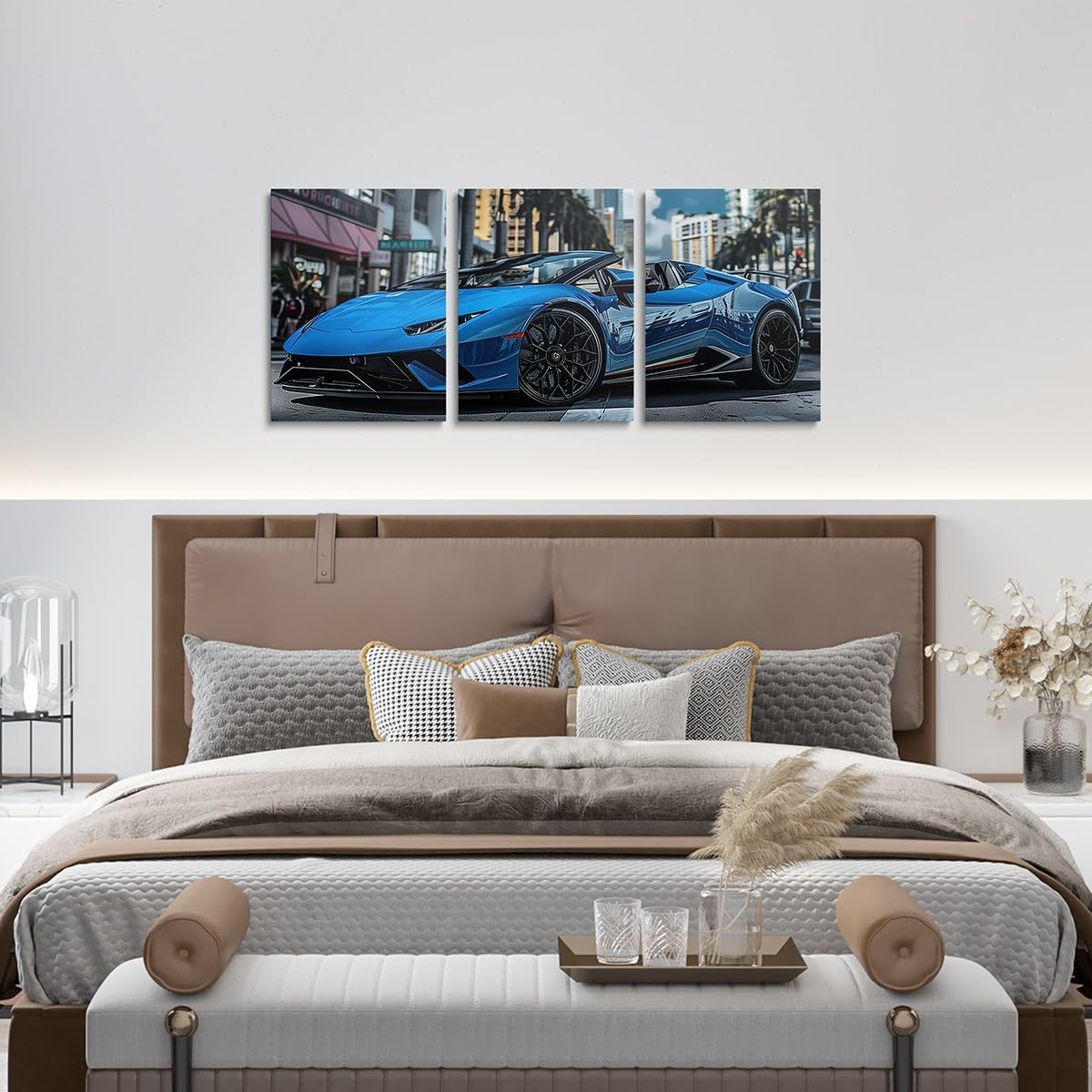 Erosebridal Blue Car Canvas Wall Art Set of 3 Cool Cars Room Decor for Boys Men,Sports Car Pictures Wall Decor for Bedroom Living Room Office,Race Car Posters Prints Car Decorations for Home
