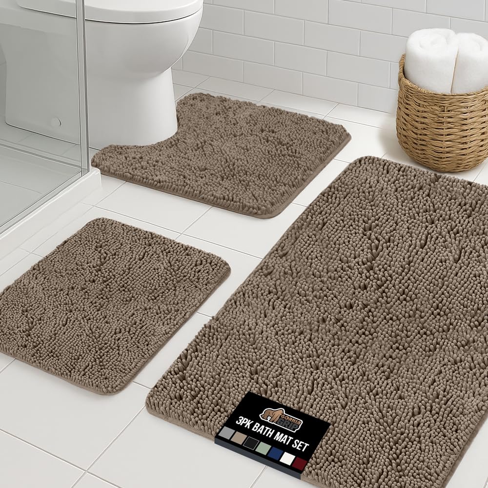 GORILLA GRIP Bathroom Rug Sets 3 Piece, Bath Mat Set and Oval Toilet Base with Rubber Backing, Plush Absorbent Shaggy Chenille Washable Mats, Includes