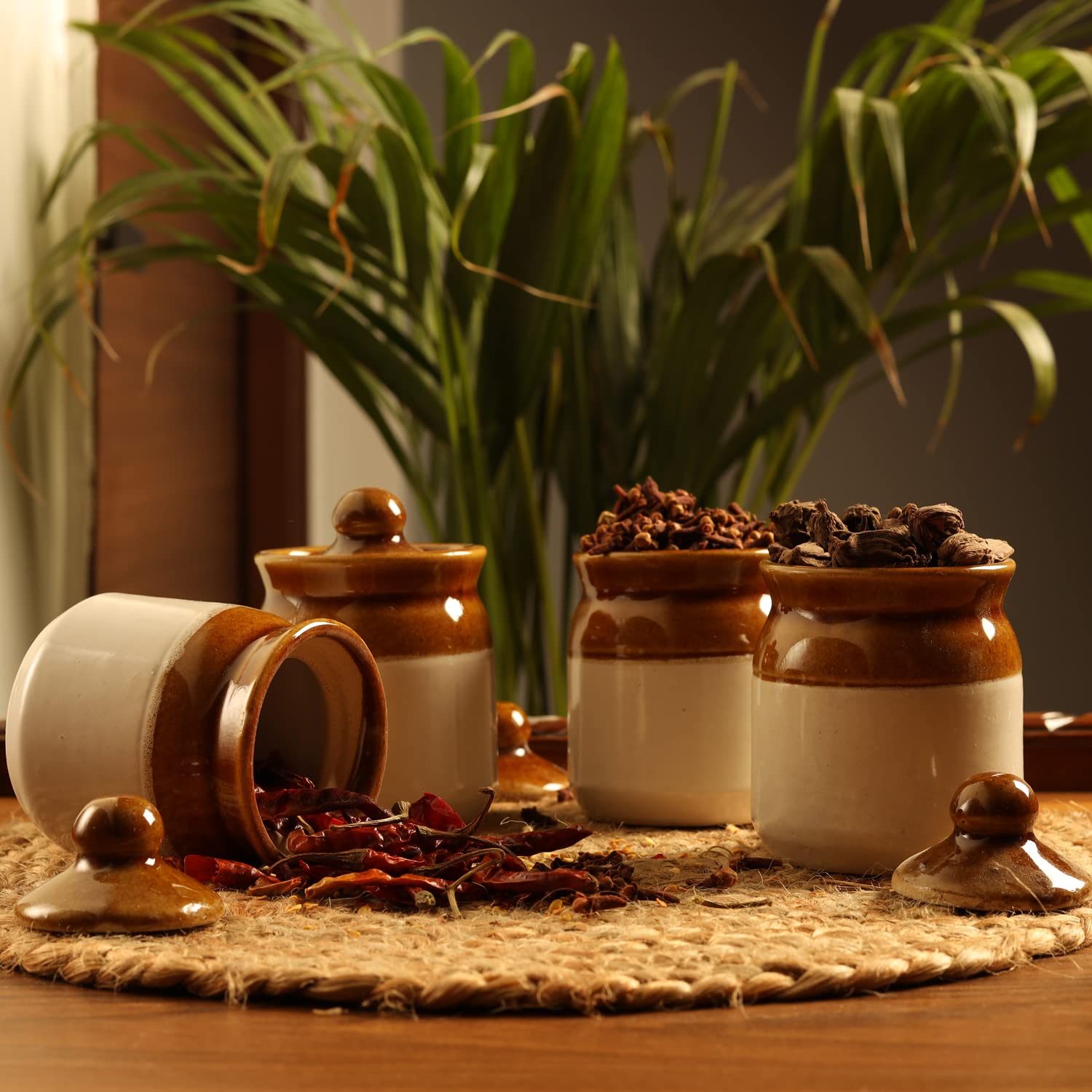 Lyallpur Stores Ceramic Jar, Multipurpose Storage Container, Set Of 4 Achar Barni 200Ml Handmade Ceramic Pickle Jar Set With Lid, Cookie Jar, Dining Table & Kitchen Storage - Brown