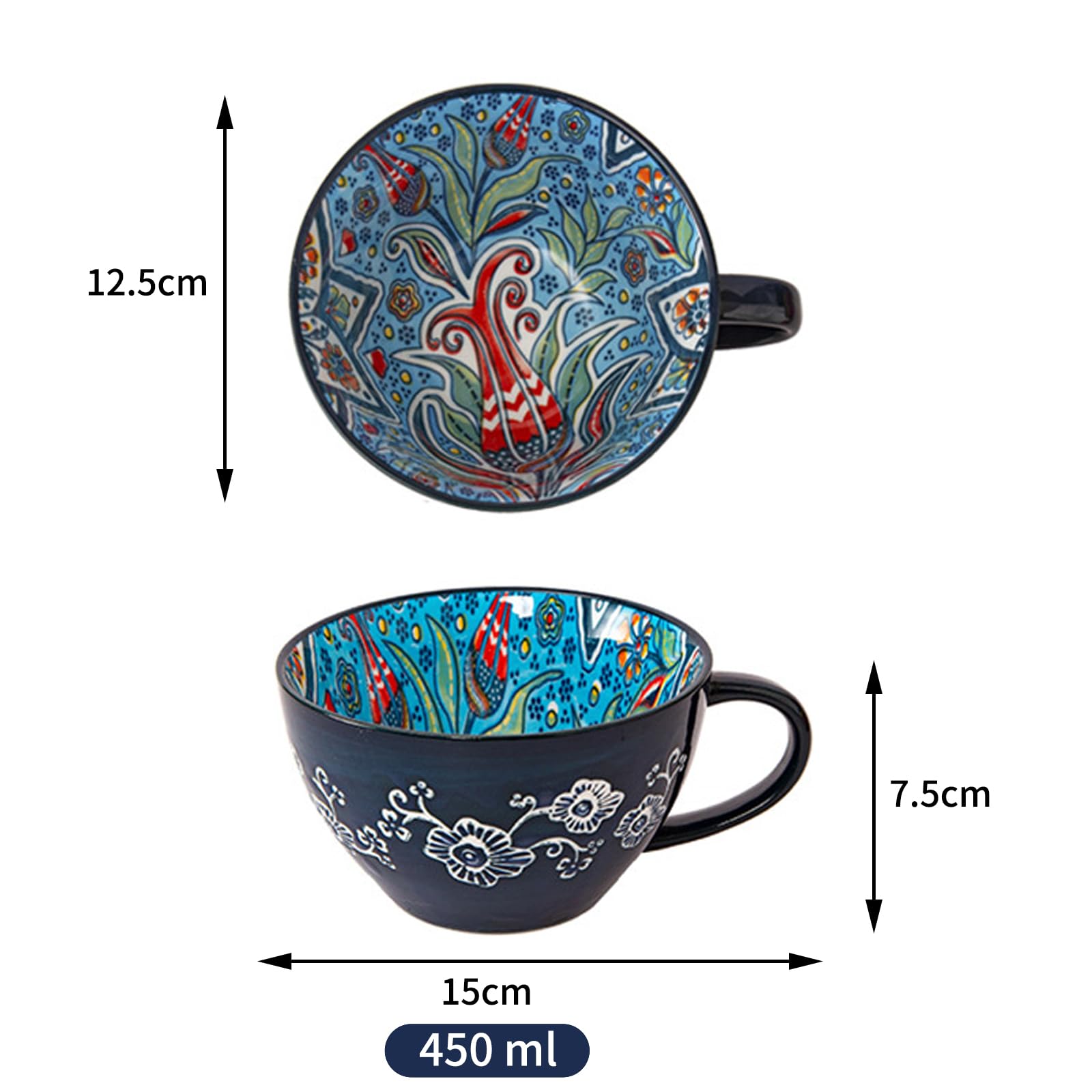 Tazza da Zuppa in Ceramica 400 ml con Manico, Ciotola da Zuppa in Ceramica Dipinta a Mano, Resistente al Forno e Microonde - Per Colazione, Müesli, Dessert, Latte, Frutta e Insalata (GLD)