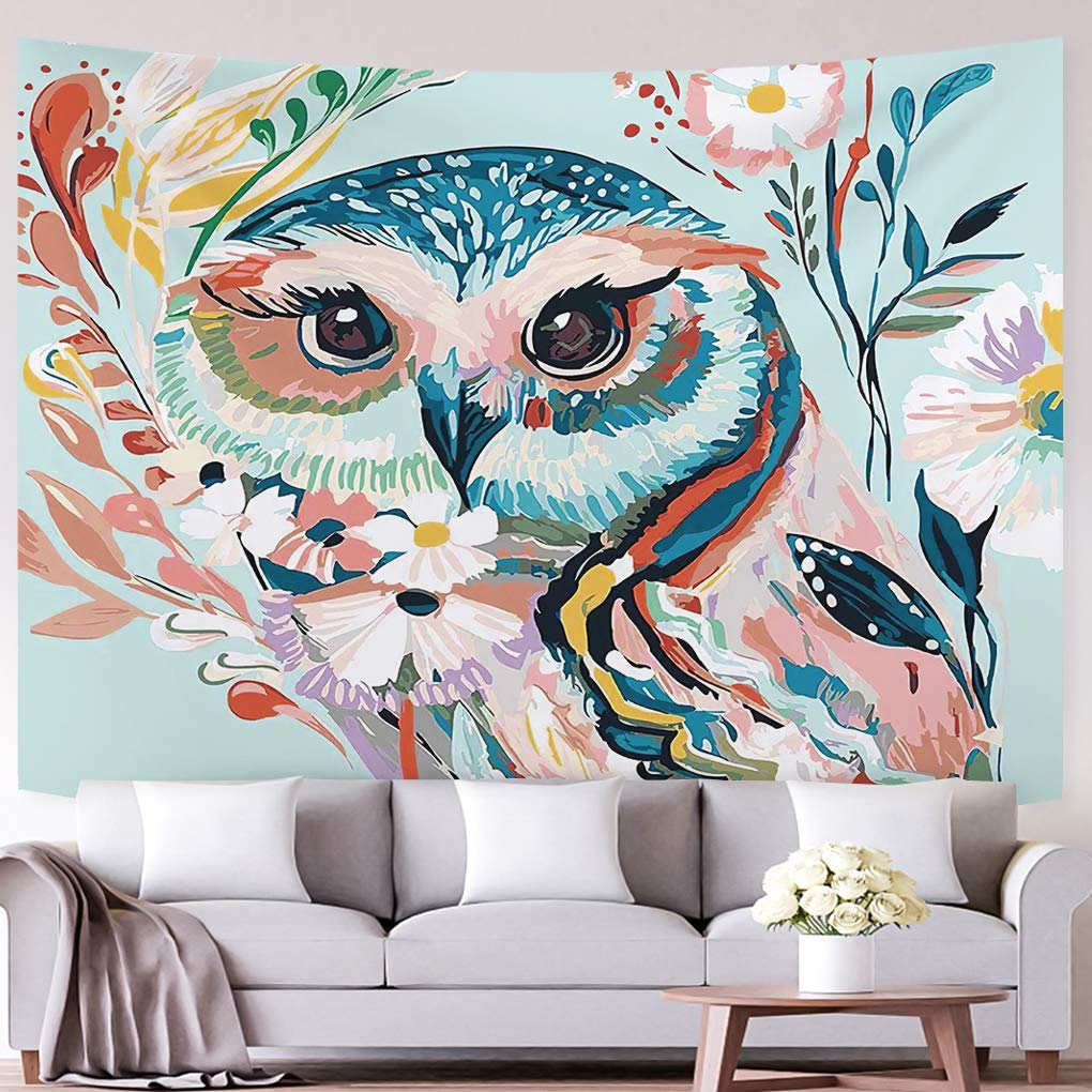 JOYPLUS Colorful Owl Tapestry Natural Art Tapestry Watercolor Flower Animal Bird Tapestry Home Decor