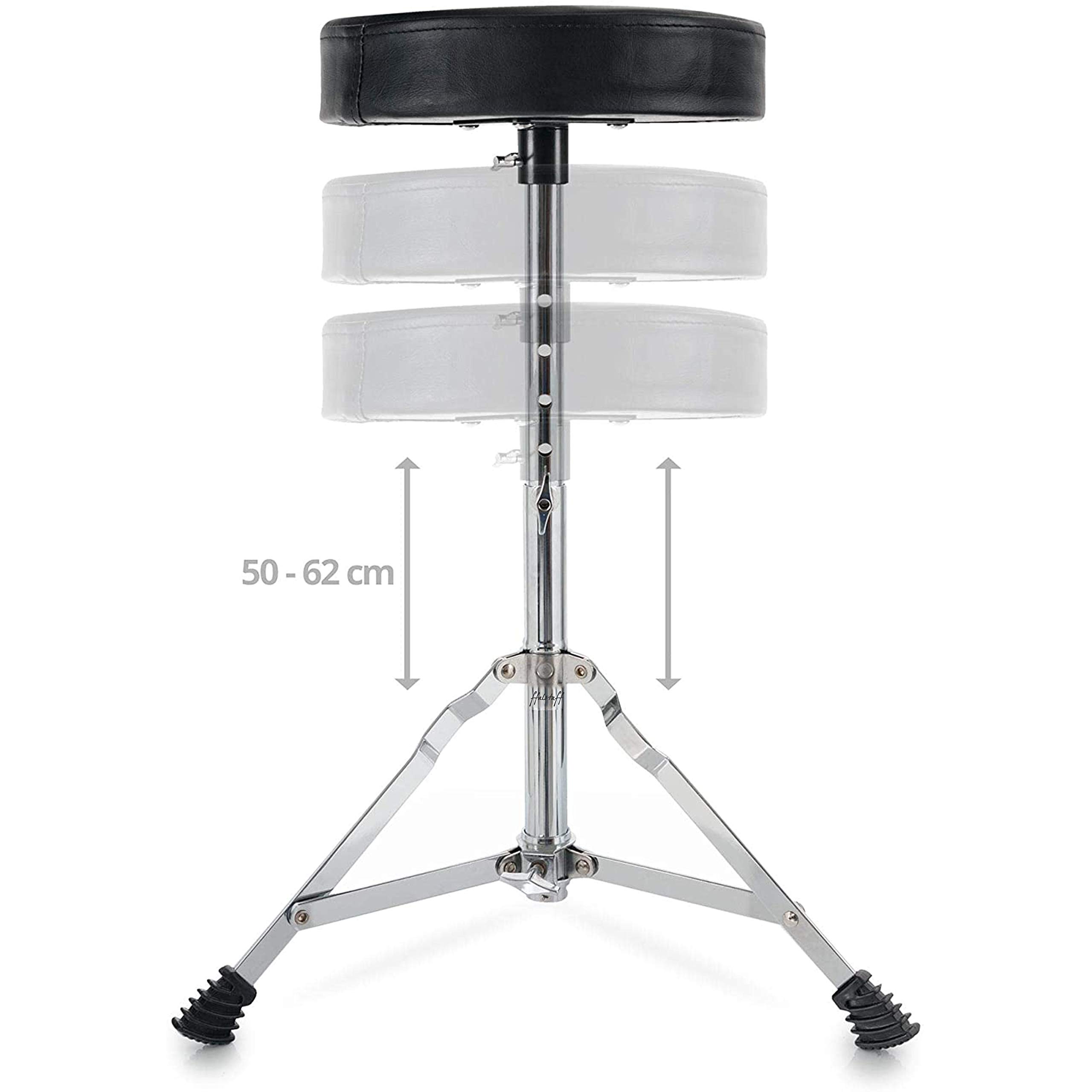 ffalstaff Sgabello seggiolino per batteria rotondo con altezza regolabile, coppia di bacchette 5A in omaggio e un fantastico portachiavi a forma di batteria