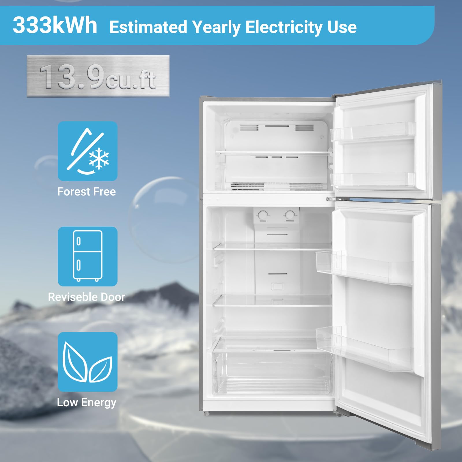 Smad Top Freezer Refrigerator 14.0 Cu.Ft, Reviseble Door Counter Depth Fridge With Freezer, Frost Free, Adjustable Temperature Garage Ready Refrigerator For Office, Home, Kitchen, Stainless Steel on Fridge.com - View 6