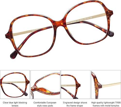 Miniatura 5 de SOJOS Gafas cuadradas de gran tamaño con bloqueo de luz azul para mujer, retro, vintage, TR90, marco anti rayos azules, lentes transparentes SJ5097