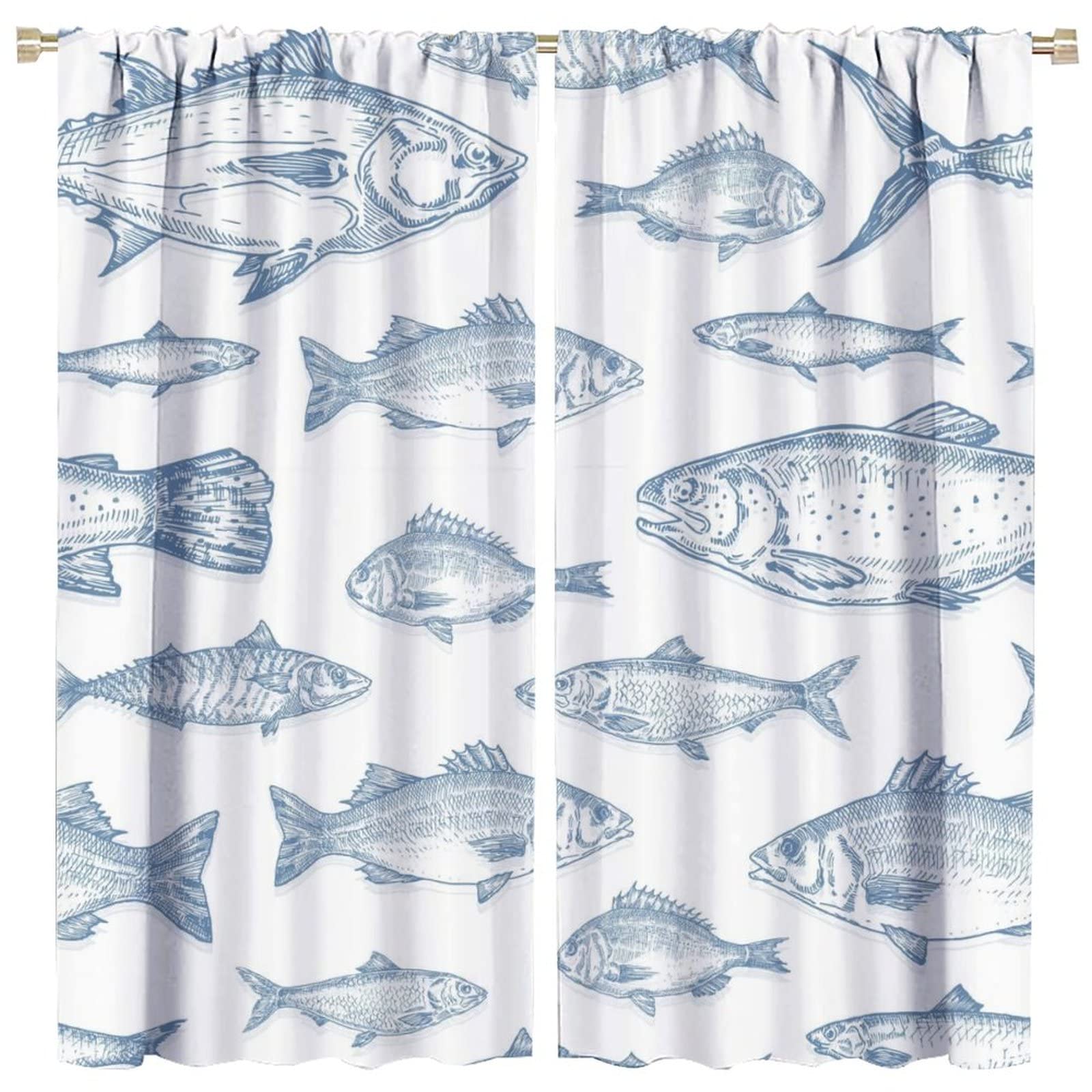 INSFBRB Watercolor Nautical Fish Blackout Curtains for Living Room,Abstract Boho Retro Sea Animal Swiming Fish Window Drapes - Thermal Insulated and