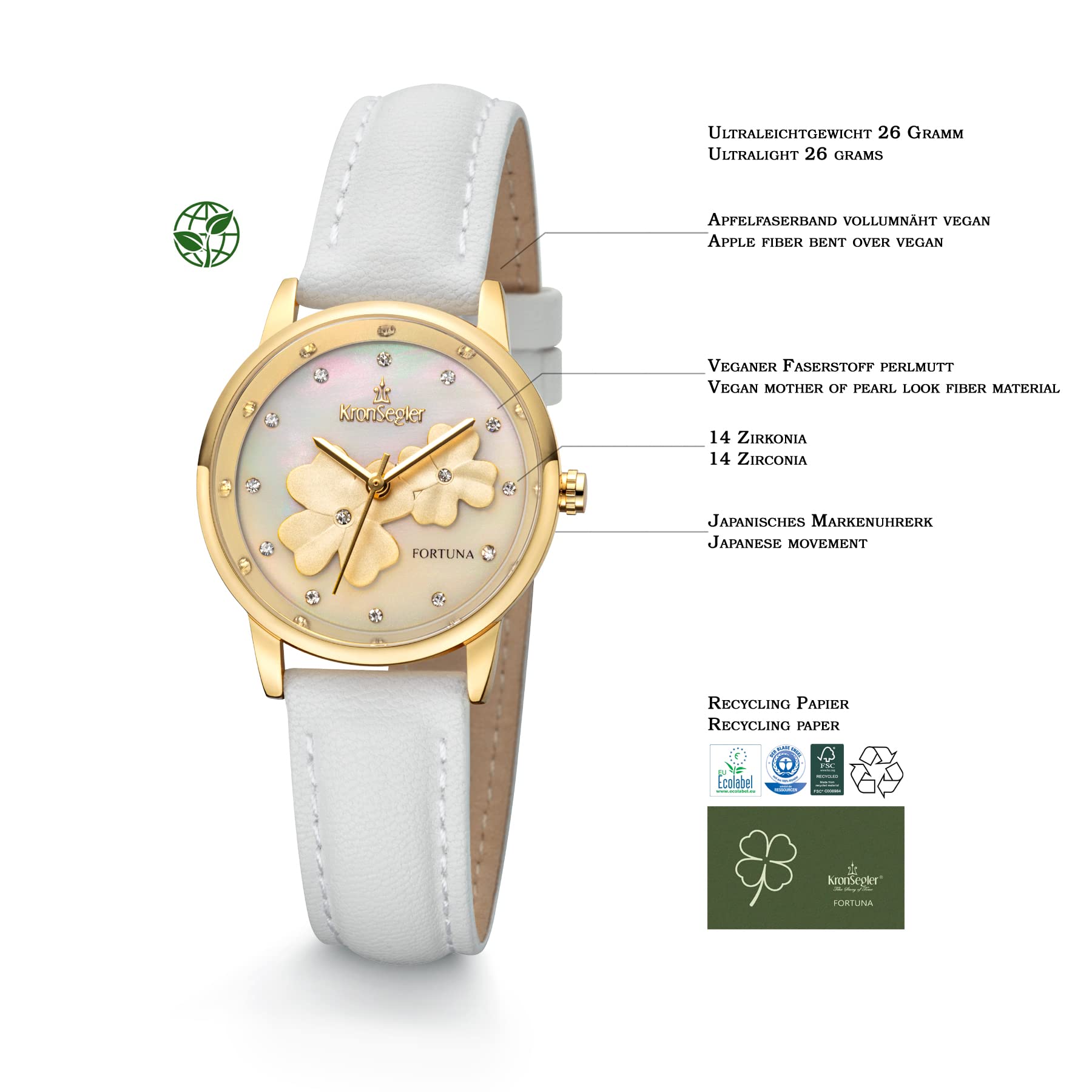 Kronsegler Orologio da donna Fortuna placcato oro - bianco | zirconia, cinturino in morbida fibra di mela vegana, quadrante bianco con trifoglio d'oro