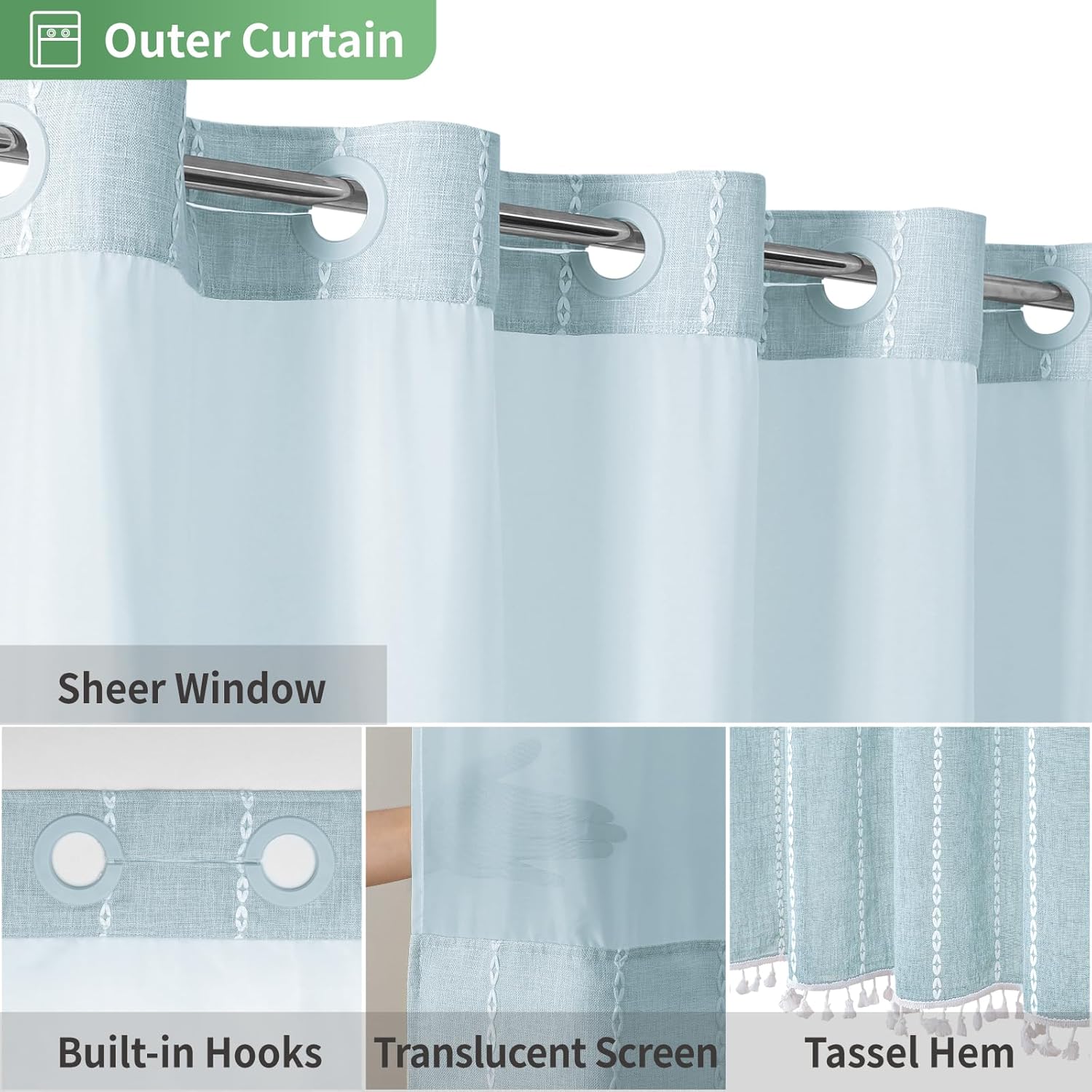 eachope Boho Farmhouse No Hook Shower Curtain Set with Snap-in Fabric Liner,Heavy-Duty Linen Textured Rustic Striped Design,Water-Repellent with Tassels and Sheer Window,Fog Blue,71x74
