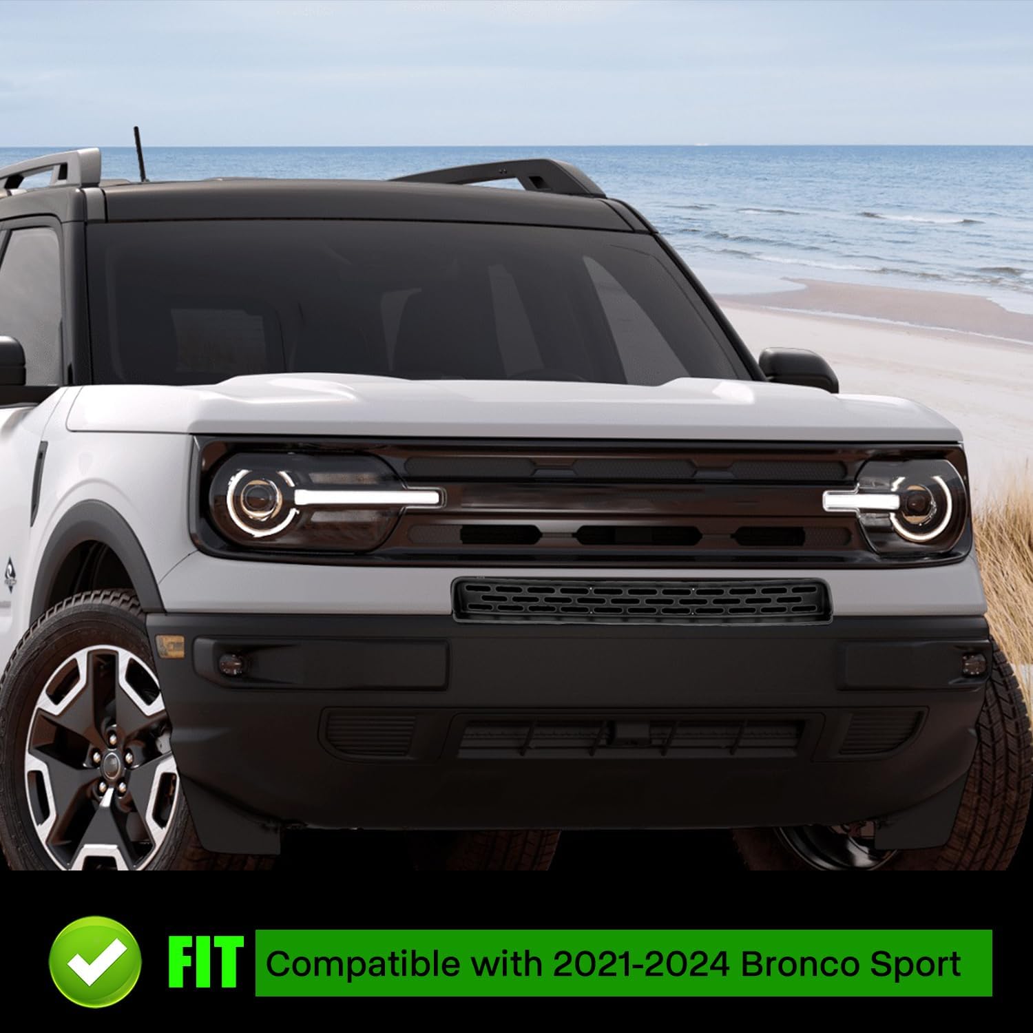 Mesh Grille Insert Compatible with Ford Bronco Sport 2021 2022 2023 2024, Front Grille Guard Cover Exterior Accessories (3PCS, Glossy Black)