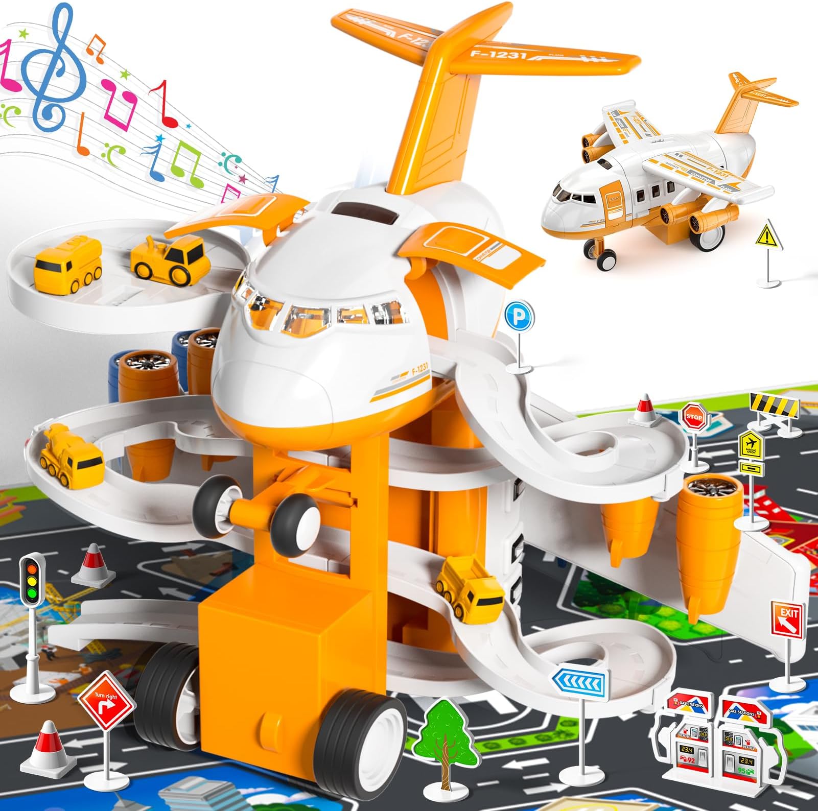 TEMI Kids Airplane Toys Race Tracks Car Toys for 3 4 5 6 7 Boys - Transport Airplane Adventures Car for Toddler Age 2-6 with 8 Construction Cars, Garage Parking Lot Playmat, Birthday Gifts for Girl