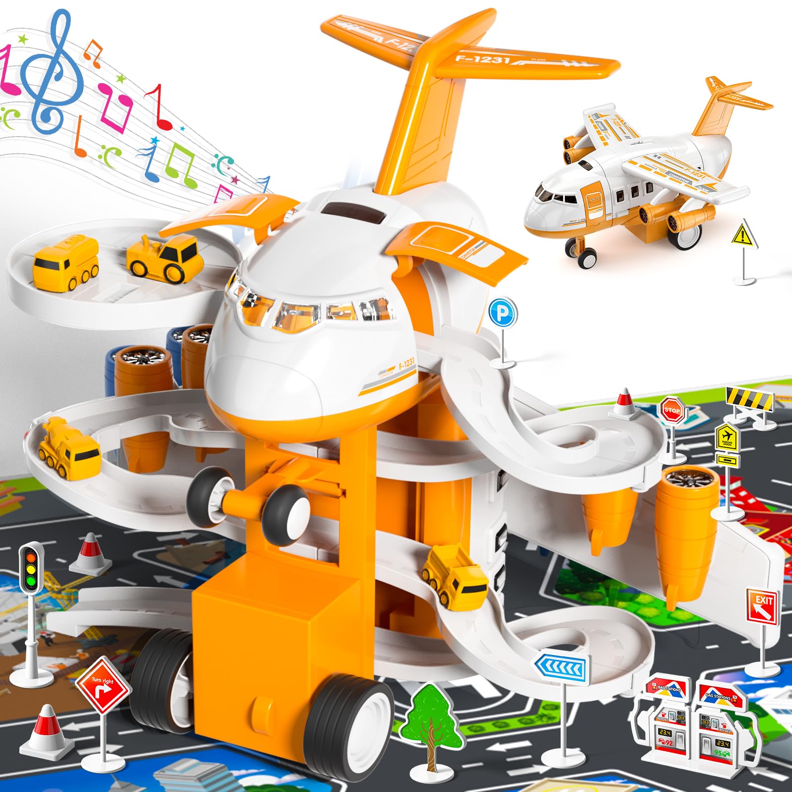 TEMI Kids Airplane Toys Race Tracks Car Toys for 3 4 5 6 7 Boys - Transport Airplane Adventures Car for Toddler Age 2-6 with 8 Construction Cars, Garage Parking Lot Playmat, Birthday Gifts for Girl