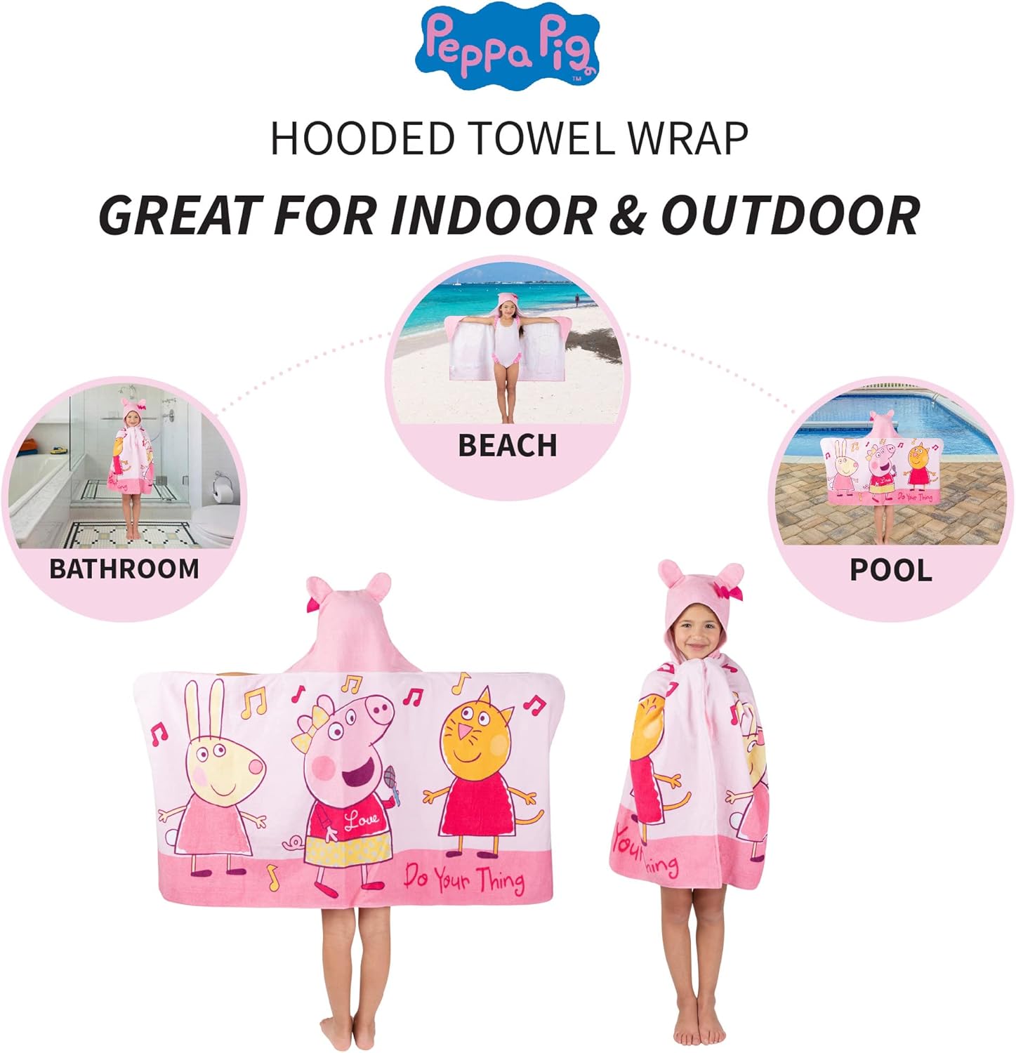 Franco Peppa Pig Kids Bath/Pool/Beach Soft Cotton Terry Hooded Towel Wrap, 24 in x 50 in, Large