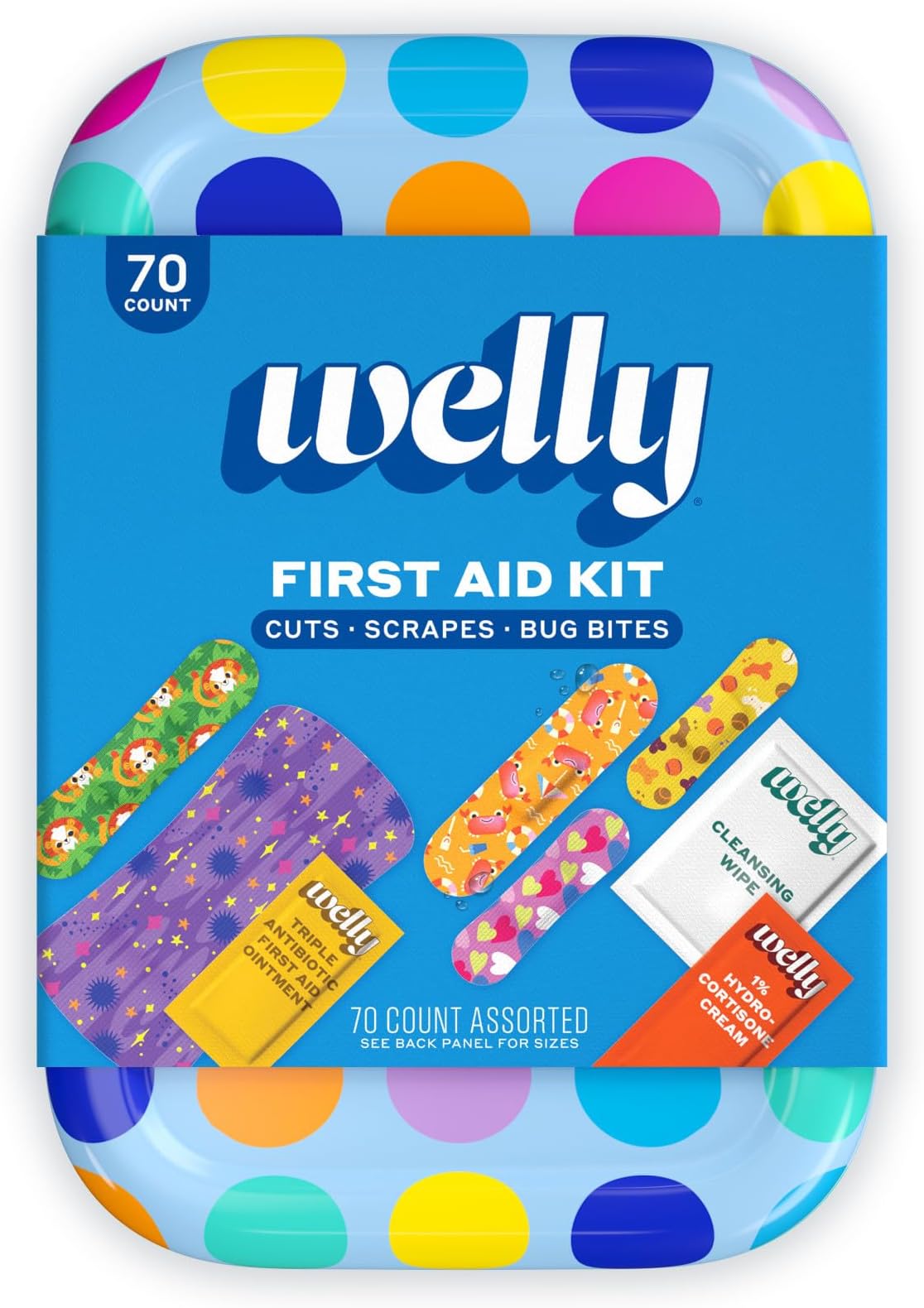 Welly First Aid Kit - Bravery Badges in Flexible Fabric and Waterproof, Singe Use Ointments Triple Antibiotic, Cleansing Wipes and Hydrocortisone - 70 Count