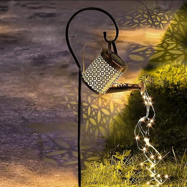Kavolet Solar Watering Can with Cascading Lights Outdoor Garden Art Retro Decoration Metal Waterproof Fairy Tale Shower Light Solar Powered Led Lights Path Decoration Stake Light