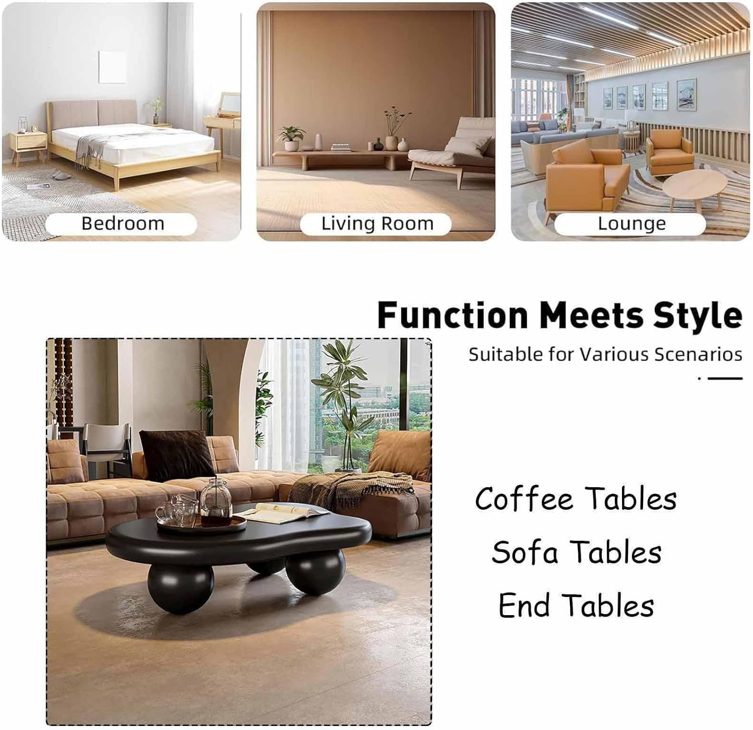 Cloud Coffee Table for Living Room Irregular Coffee Table with 3 Spherical Table Legs Oval Indoor Coffee Table, for Living Room, Office (H47.24IN)