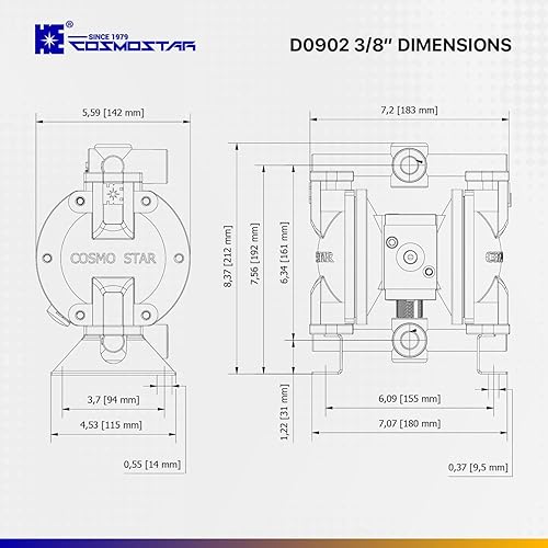 Miniatura 7 de COSMOSTAR D0902 Bomba de diafragma de aire doble de 38", cuerpo de aluminio, bola de teflón, asiento y diafragma, silenciador de bomba, bomba