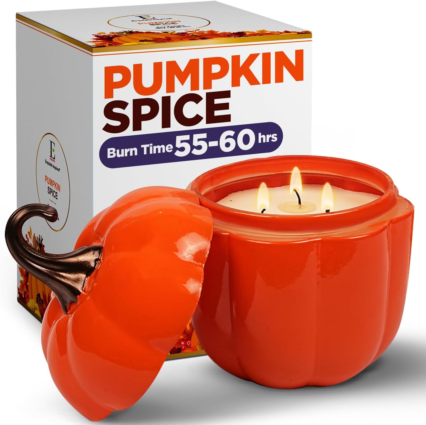 Pumpkin Spice Candle - 55 Hours Burn - 16 oz Large Soy Candle with 3-Wicks - Fall Scented in The Shape of a Pumpkin
