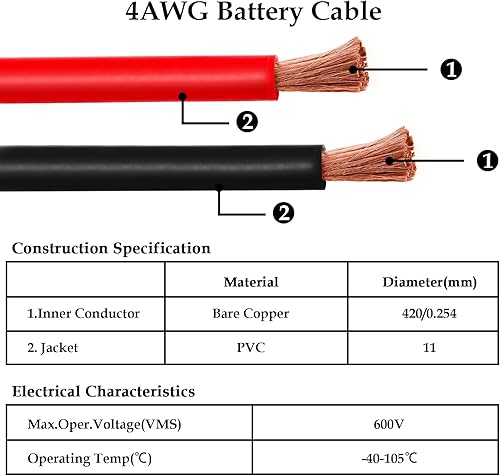 Miniatura 6 de Cable de batería de calibre 4 de 2 pies, cables inversores de energía de batería 4AWG (1 positivo y 1 negativo) con terminales de terminales de 38