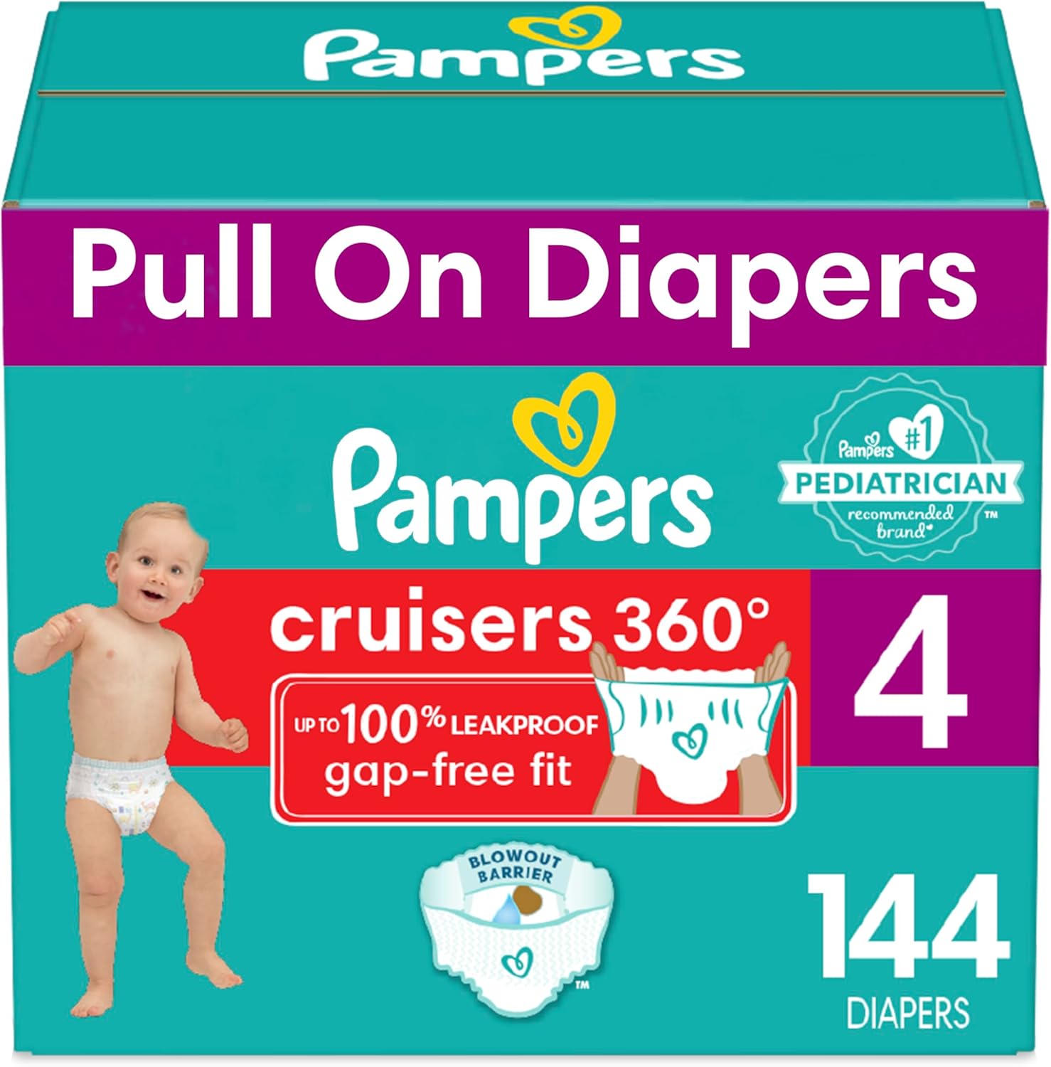Pampers Cruisers 360 Diapers – Size 4, One Month Supply (144 Count), Pull-On Disposable Baby Diapers, Gap-Free Fit