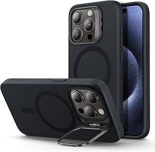 ESR for iPhone 15 Pro Case, MagSafe Silicone Case with Stand, Military-Grade Protection, Built-in Camera Stash Stand, Magnetic Phone Case for iPhone 15 Pro, Cloud Series, Black