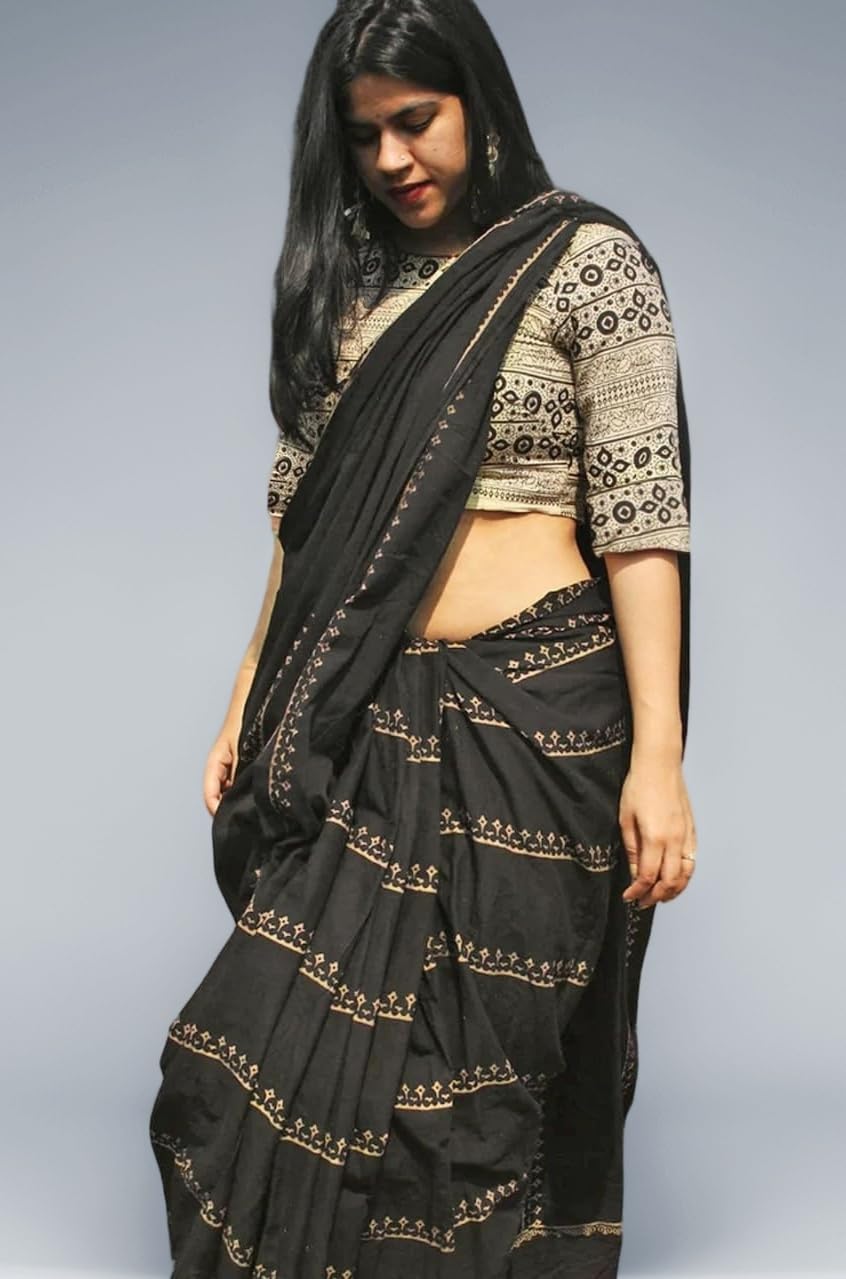 Jaanvi fashion Women's Hand Block Print Mul Cotton Saree with Blouse Piece