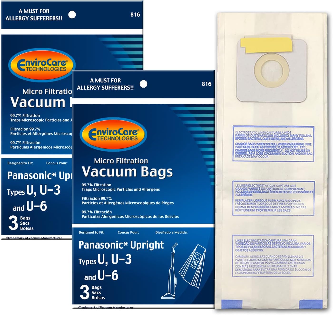 EnviroCare Replacement Micro Filtration Vacuum Cleaner Dust Bags designed to fit Panasonic Types U, U-3, U-6 6 Pack