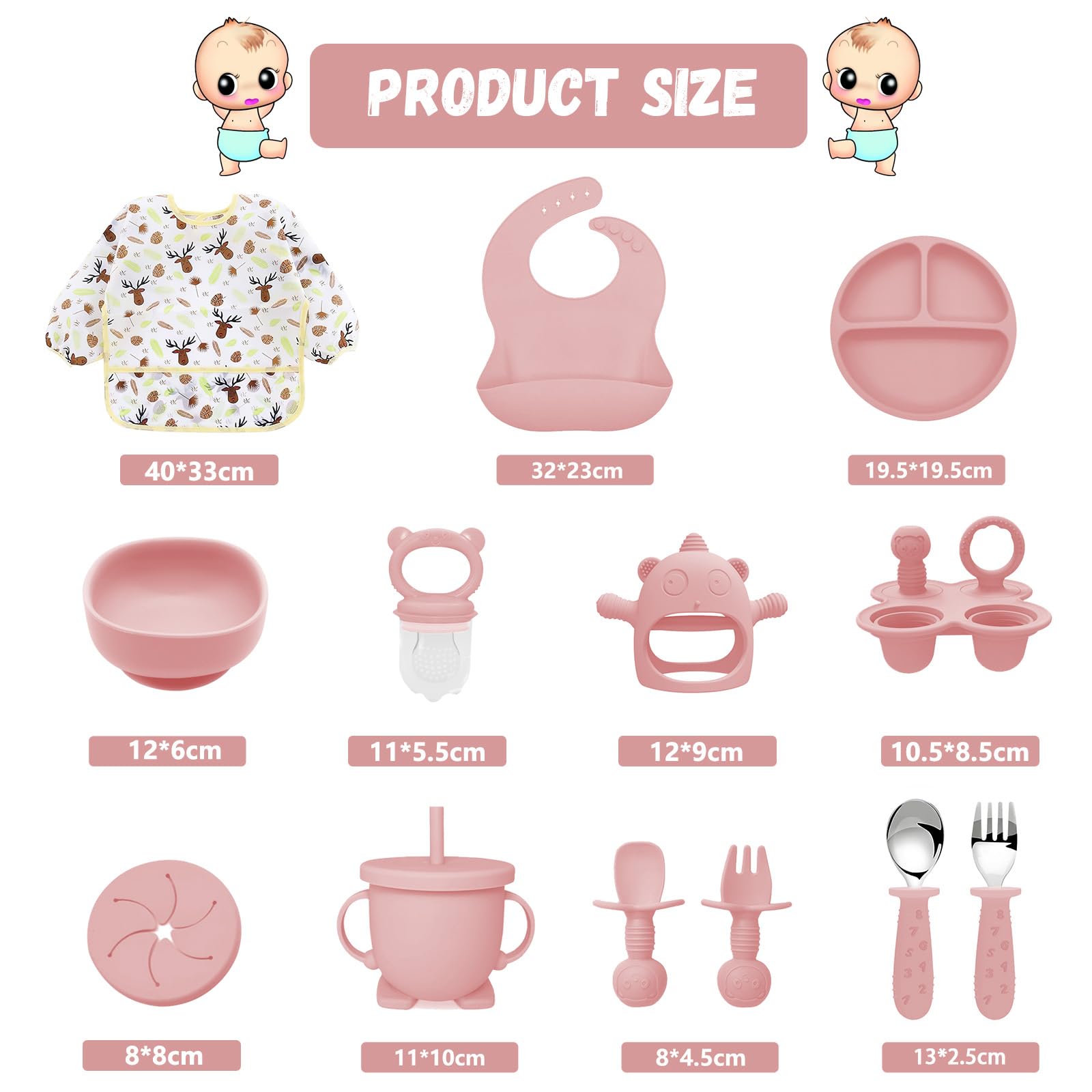 Coffret Repas Bebe 14 pièces,Vaisselle Antiderapant pour Bébé Set Silicone avec Ventouse Assiette Bol Cuillère et Bavoir,Sans BPA,Enfant Set Couverts Vaisselle Pour Sevrage Manger (Rose clair)