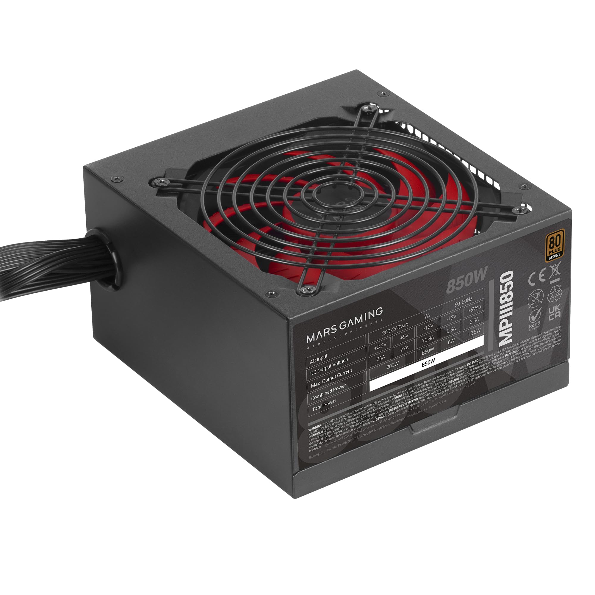 Mars Gaming MPIII850 Alimentation ATX 850W, 80 Plus Bronze, Noir | Garantie 5 Ans, Certification 80Plus Bronze, Efficacité 89 %, APFC, Ventilateur FDB 120mm AI-RPM, DC-DC et SMD
