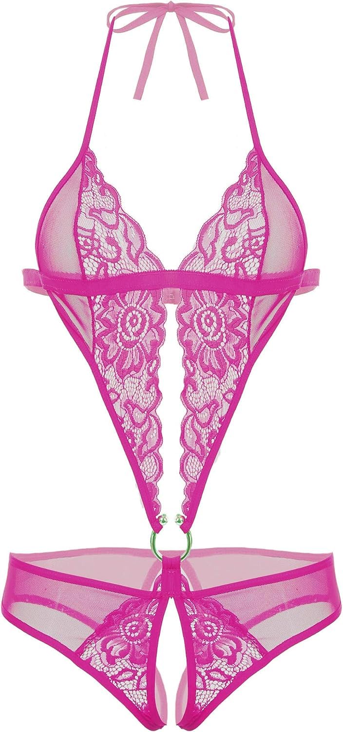 ROUXOUSWomen Deep V Imported Lingerie Lace Teddy One Piece Babydoll Mini Bodysuit Sleepwear Swimwear