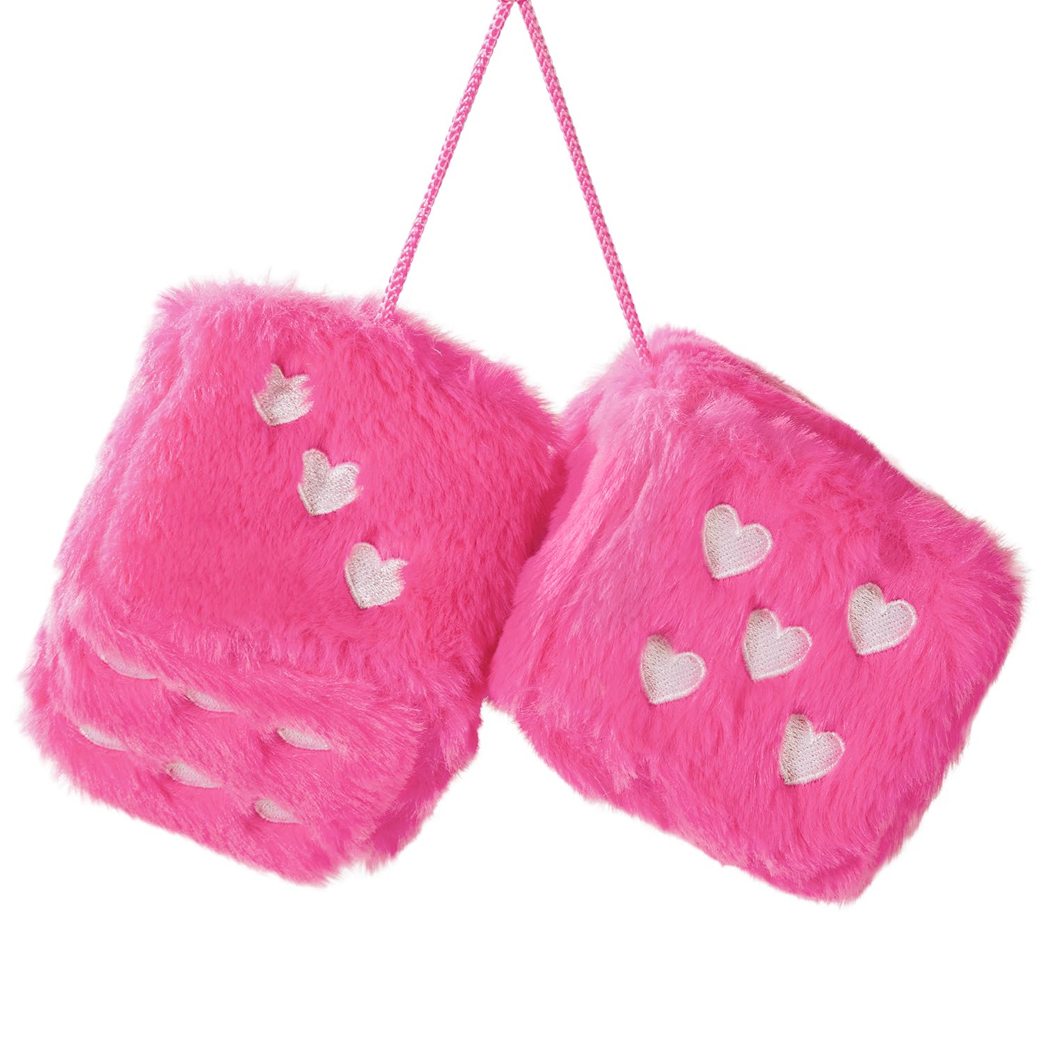 Pair Of 3 Inch Heart Embroidered Plush Dice - Cute Car Hanging Decor For Rearview Mirror (Pink Rose Red Dots)
