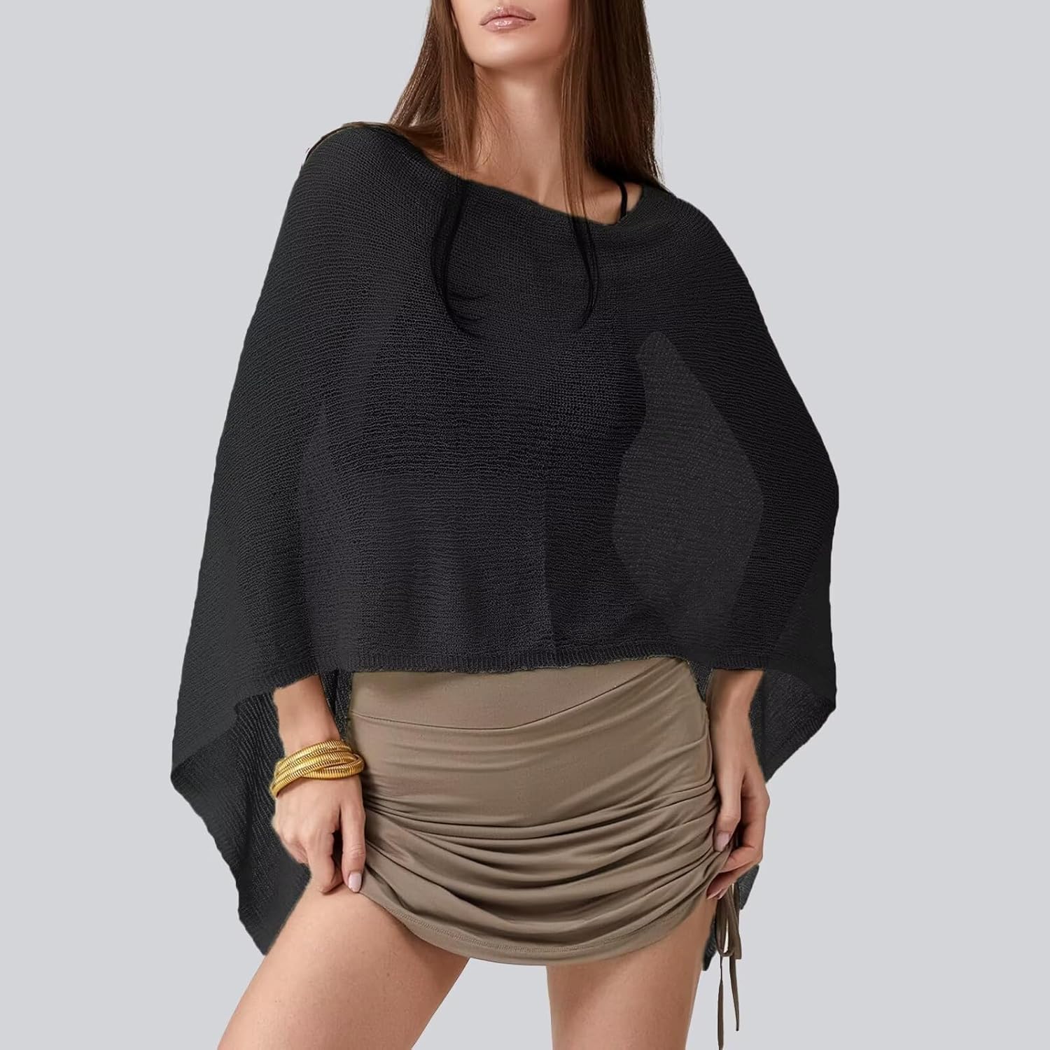 Moss Rose Women's Sheer Poncho Lightweight Knit Crochet Cover Up Batwing Sleeve Shrug Bolero Mesh Top Beachwear Sweater - Image 2