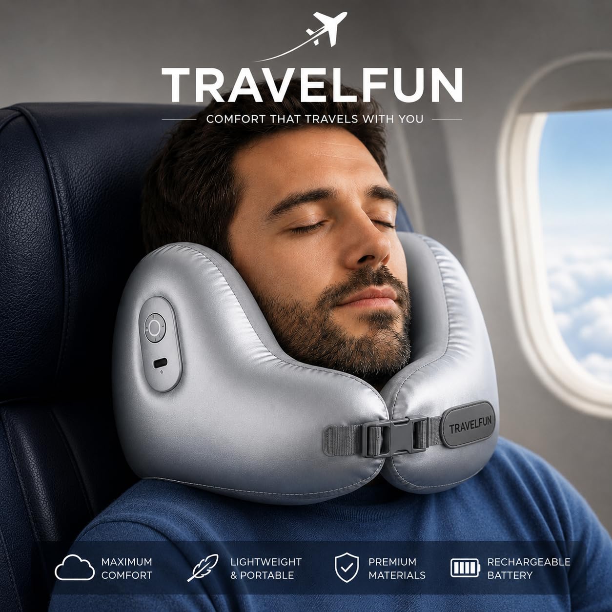 TRAVELFUN Almohada de Viaje Viscoelástica para Cuello – Soporte Cervical 360° con Sujeción de Barbilla y Orejas, Reducción de Ruido, Bluetooth para Móvil y Avión, Ideal para Viajar