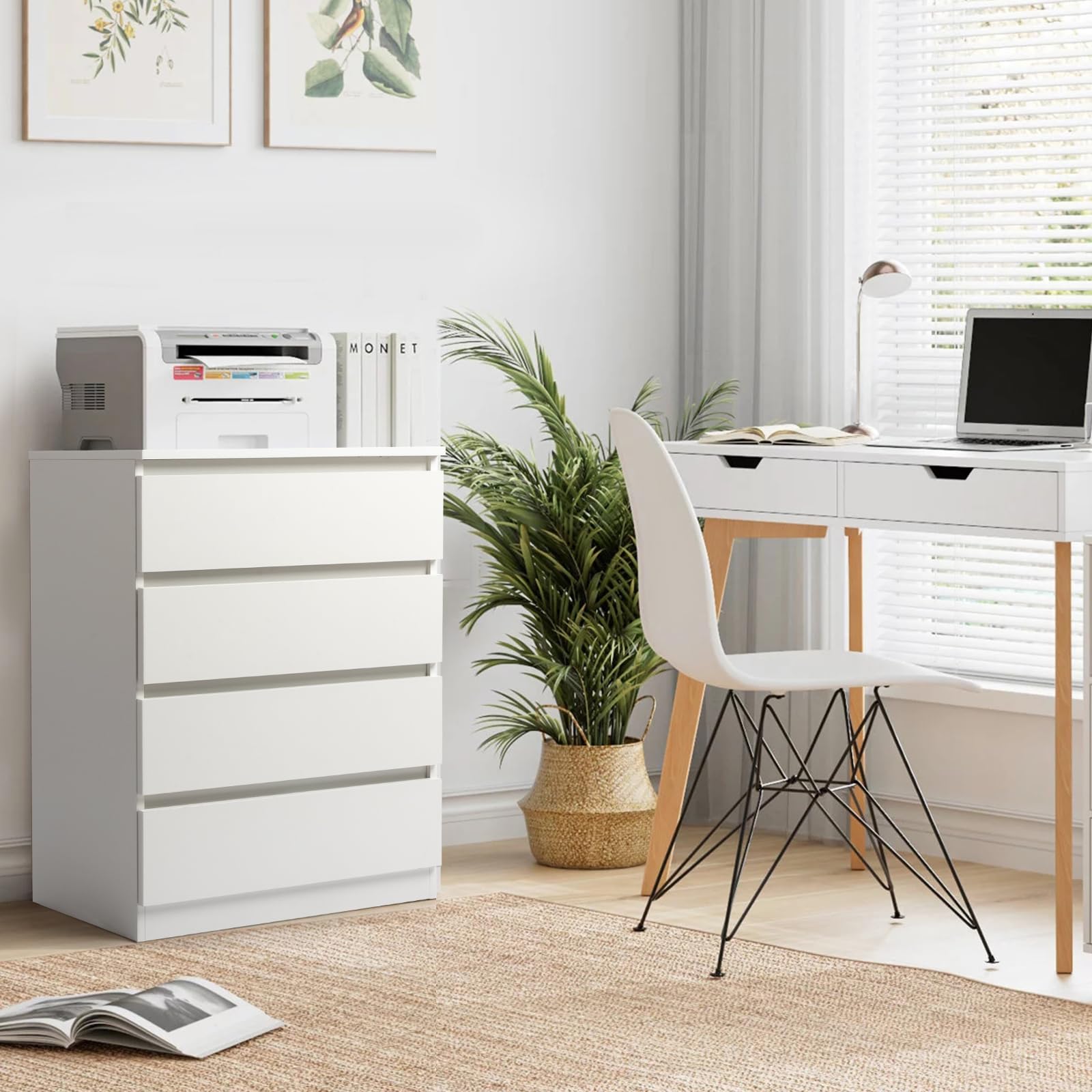 Bonnlo Kommode Weiß mit 4 Schubladen – Moderner, Stabiler Schubladenschrank, Sideboard, Nachttisch mit viel Stauraum aus P2-Holz, 60 x 38 x 78 cm, für Wohnzimmer, Schlafzimmer, Flur oder Büro