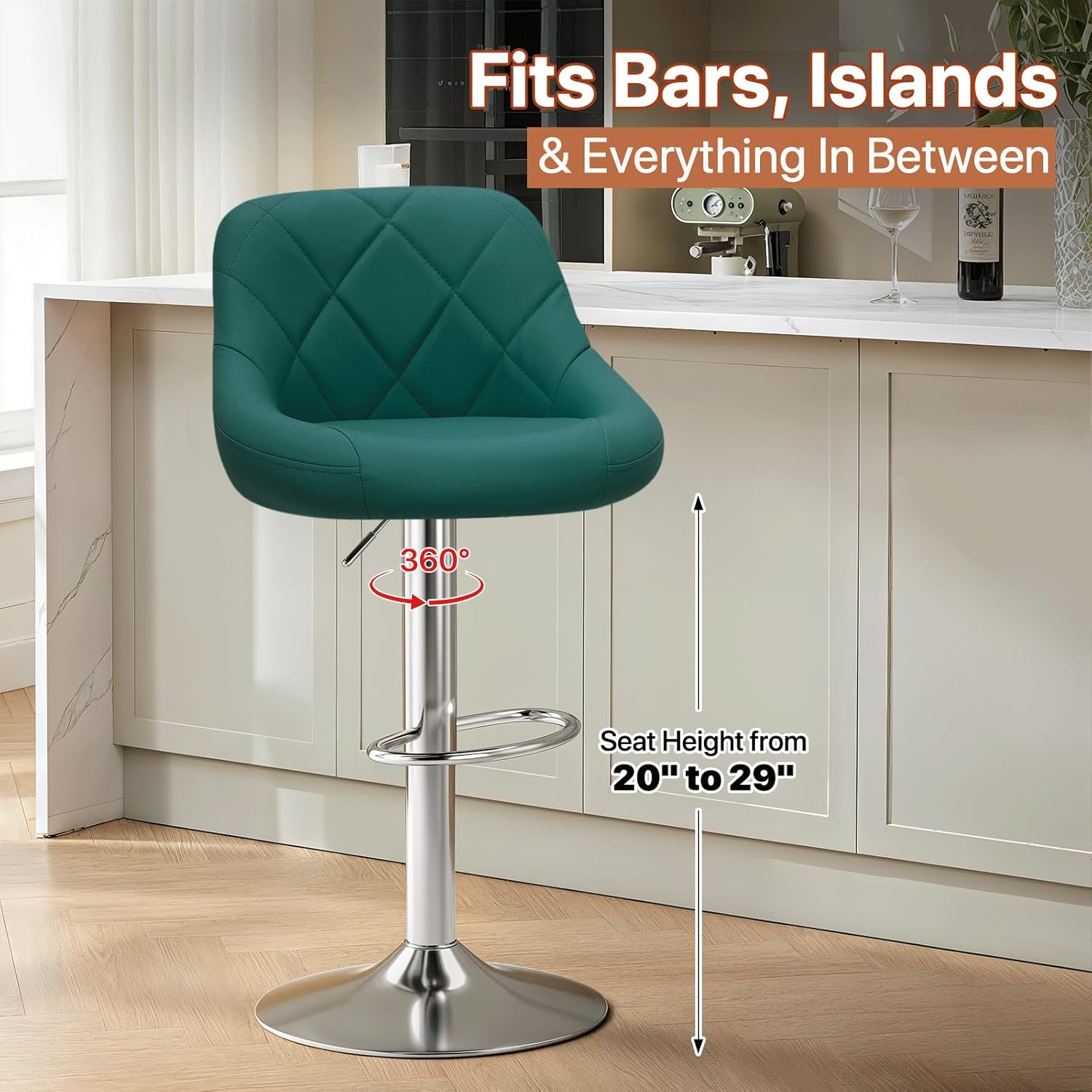Magshion Bar Stools Set of 2, Swivel Counter Height Bar Stools, Modern Island Chair with Back and Footrest for Kitchen Dining Room, Teal Green