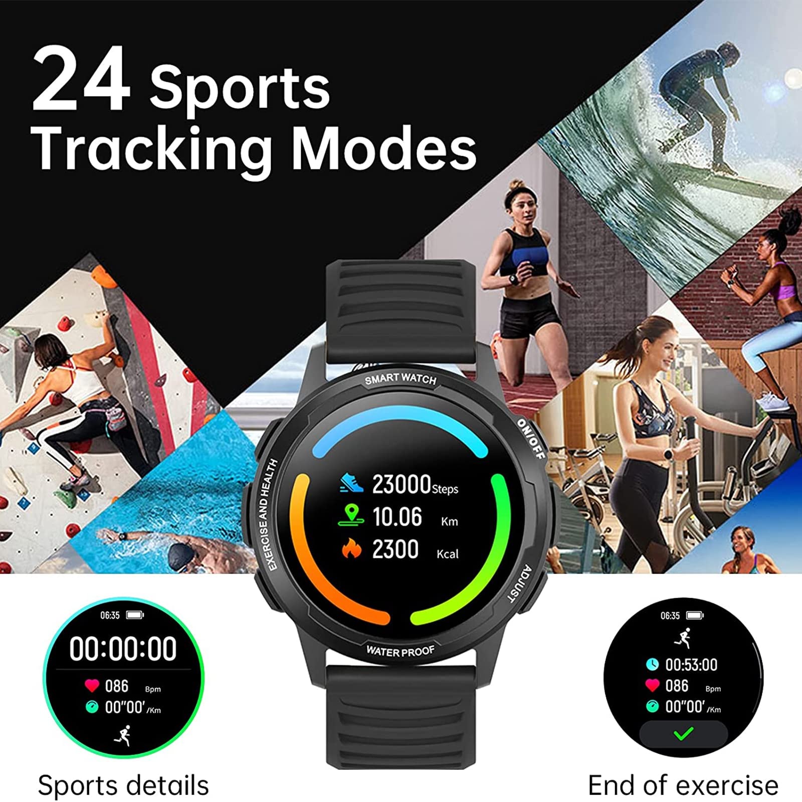 Smartwatch kompatybilny z IOS & Andriod, wodoodporny smartwatch IP68 3.4 cm dla mężczyzn i kobiet z pulsometrem, monitor aktywności z 24 trybami sportowymi, liczba kalorii odległości kroków, czarny