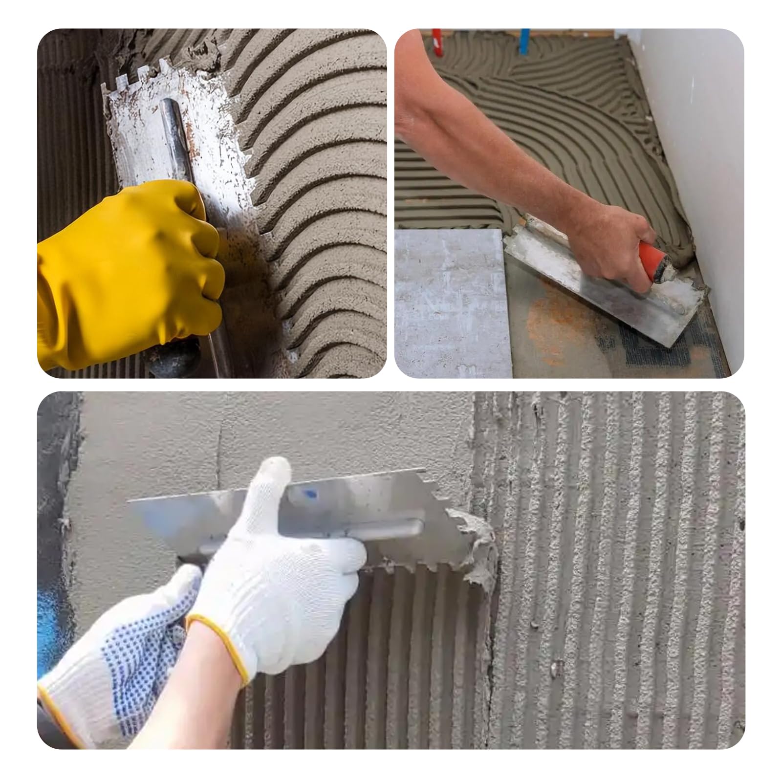 Lot de 3 truelles carrées avec encoche avec flotteur en caoutchouc pour joints, éponges à joints et gants de travail, idéal pour le ciment, le béton, les carreaux de maçonnerie et l'installation au